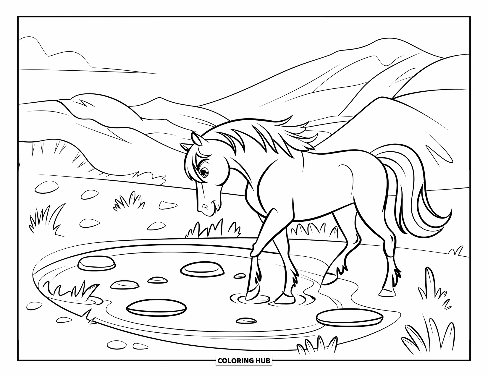 Wild Horse Coloring Page for Kids: A horse stops by a green watering hole with mountains and cloudy skies