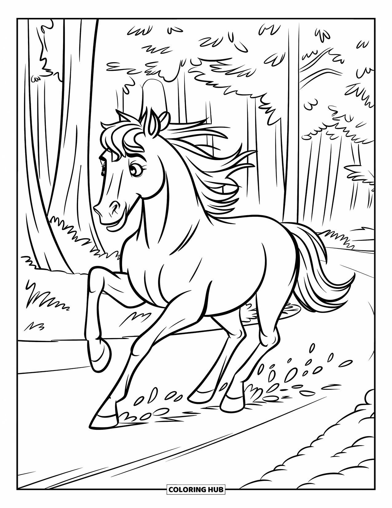 Wild Horse Coloring Page for Kids: A horse walks along a trail scattering leaves through a dense forest