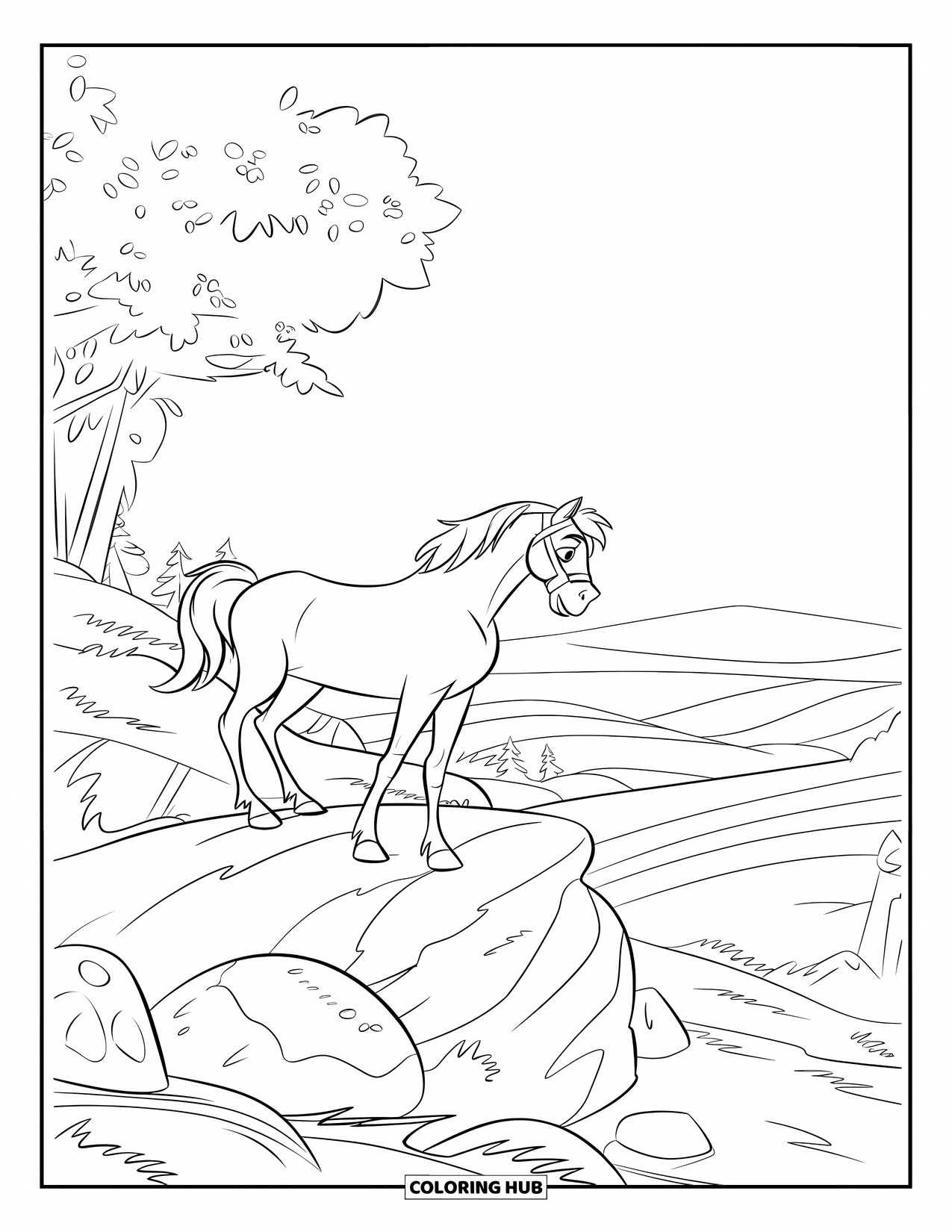 Wild Horse Coloring Page for Kids: A horse with a bridle stands on rocks, gazing across a hilly landscape