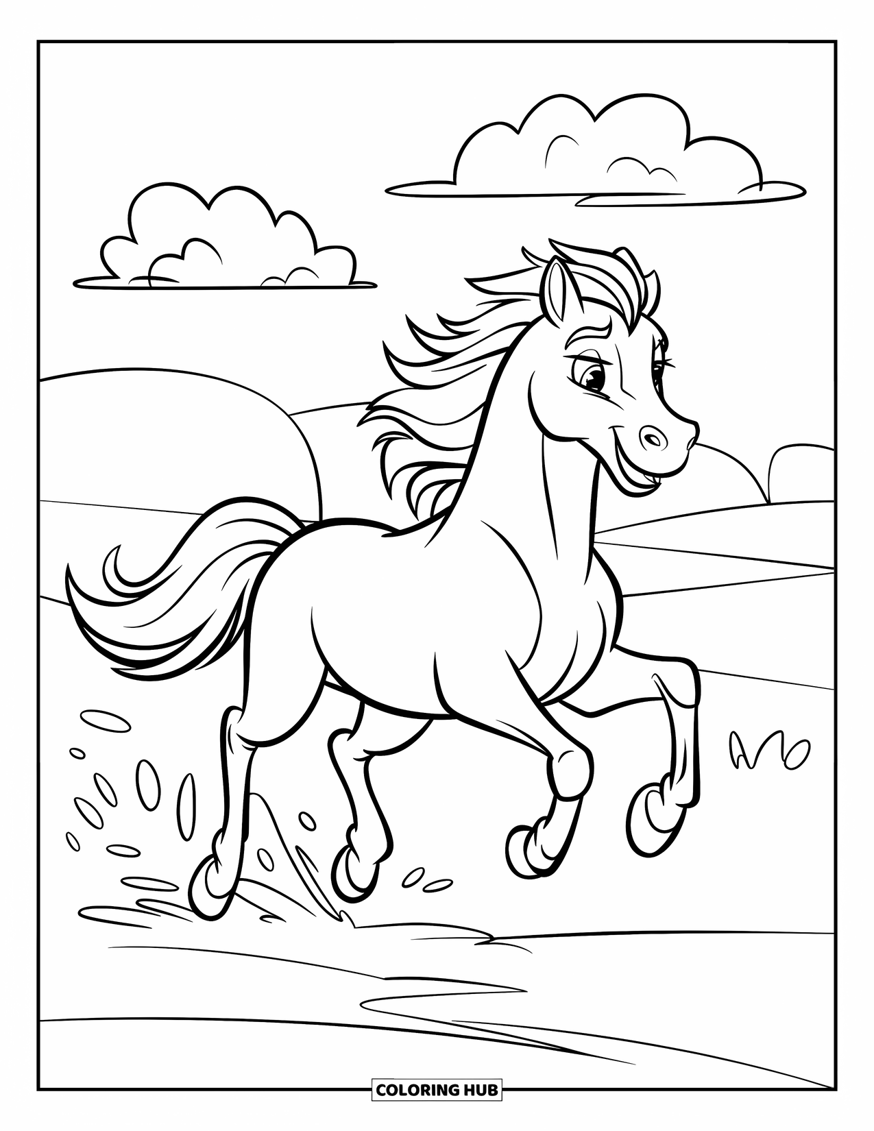 Wild Horse Coloring Page for Kids: A joyful horse runs with its mane flowing and clouds floating above