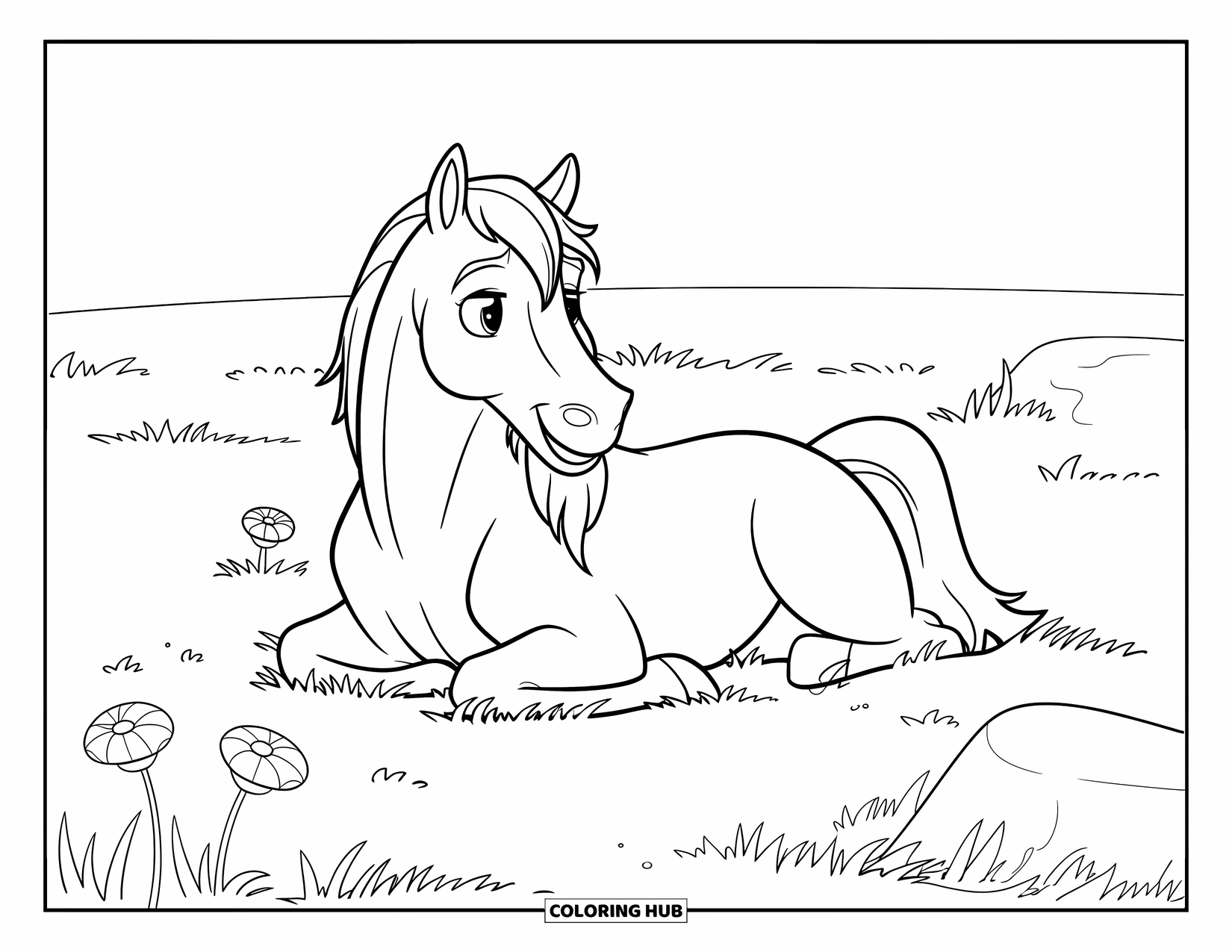 Wild Horse Coloring Page for Kids: A playful horse lies in a field with flowers and rocks nearby