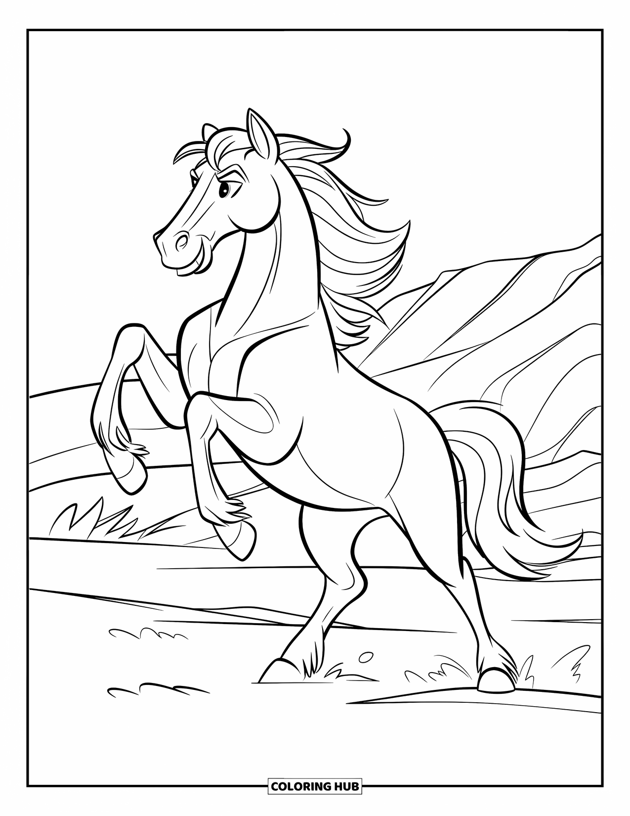 Wild Horse Coloring Page for Kids: A strong horse rears up on uneven ground with bold features