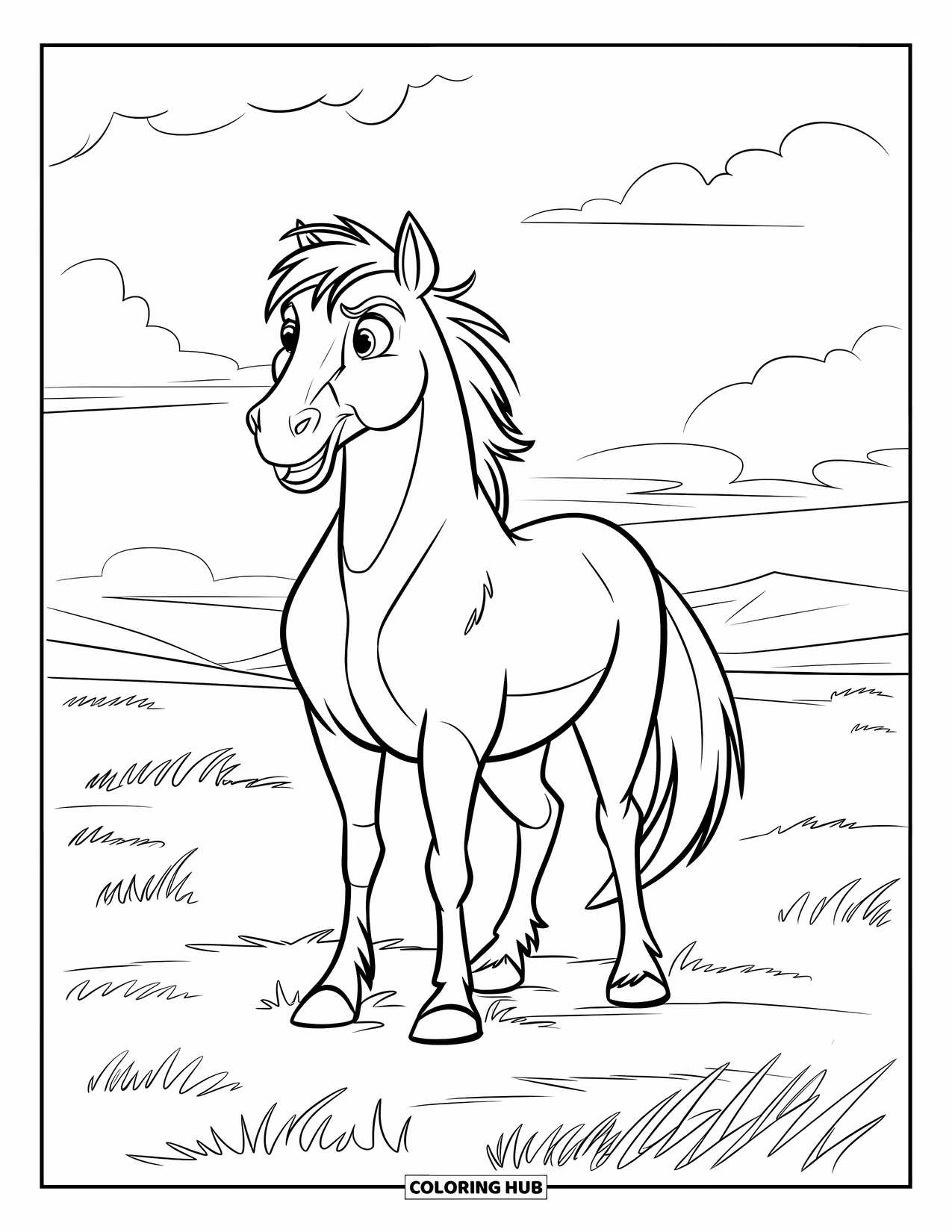 Wild Horse Coloring Page for Kids: A wild horse faces forward in an open field with short grass and clouds