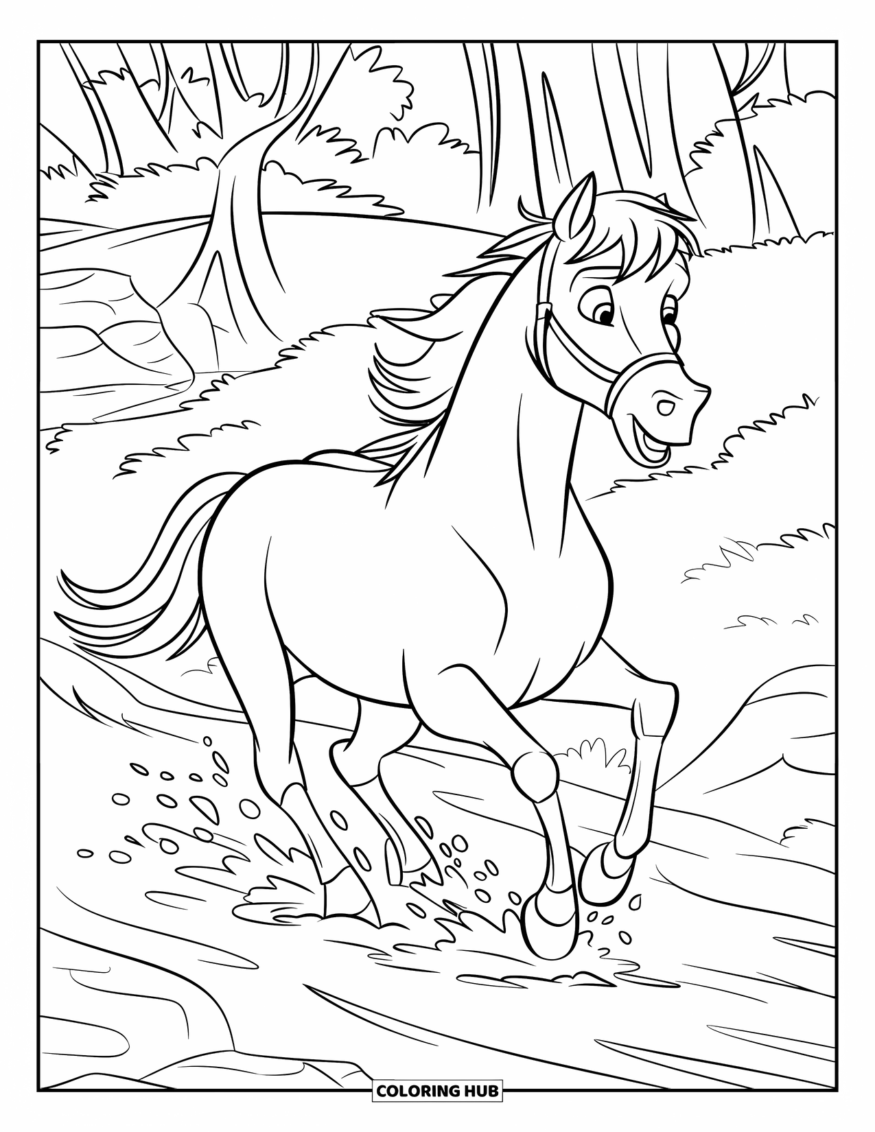 Wild Horse Coloring Page for Kids: A wild horse gallops through a stream as water splashes around its legs
