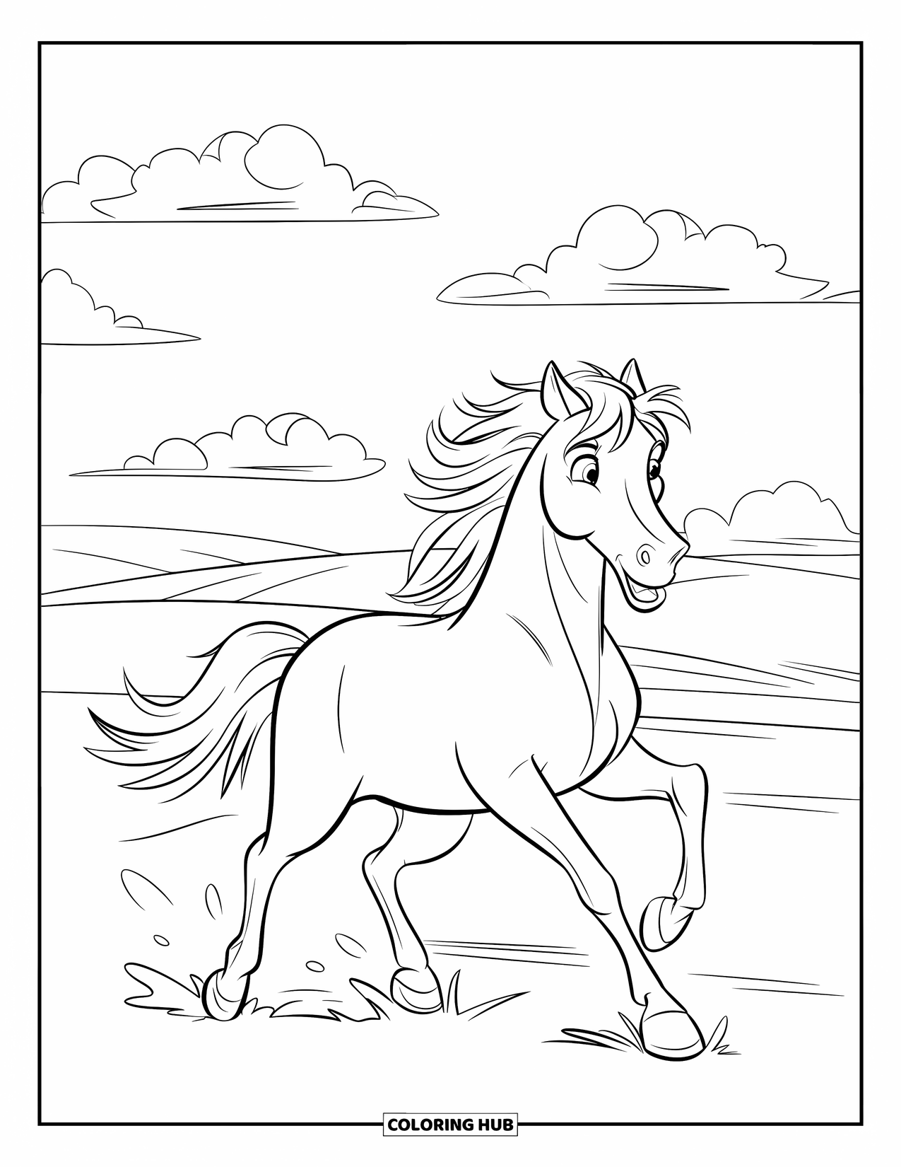 Wild Horse Coloring Page for Kids: A wild horse gallops with its mane flying under a sky with puffy clouds