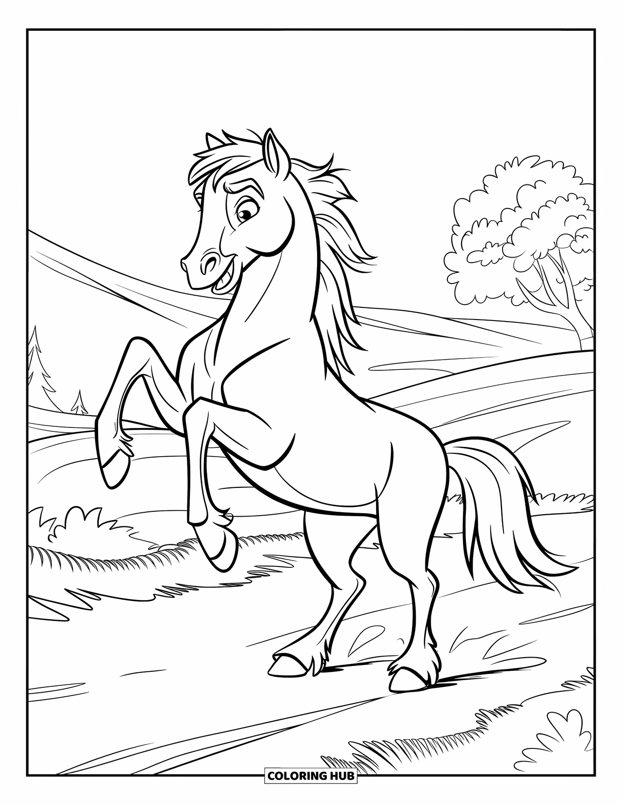 Wild Horse Coloring Page for Kids: A wild horse lifts its front legs on a dirt path surrounded by trees