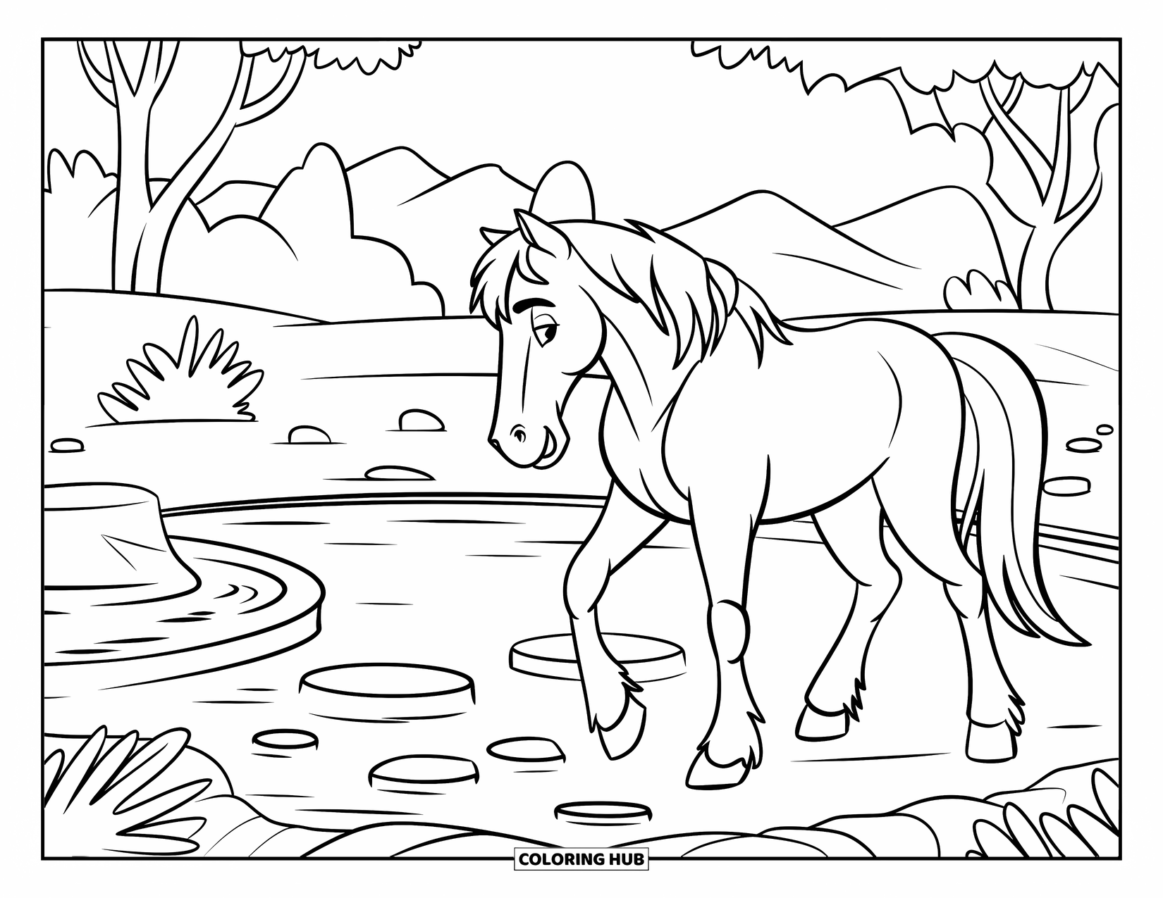 Wild Horse Coloring Page for Kids: A wild horse pauses near a watering hole with stones and plants around