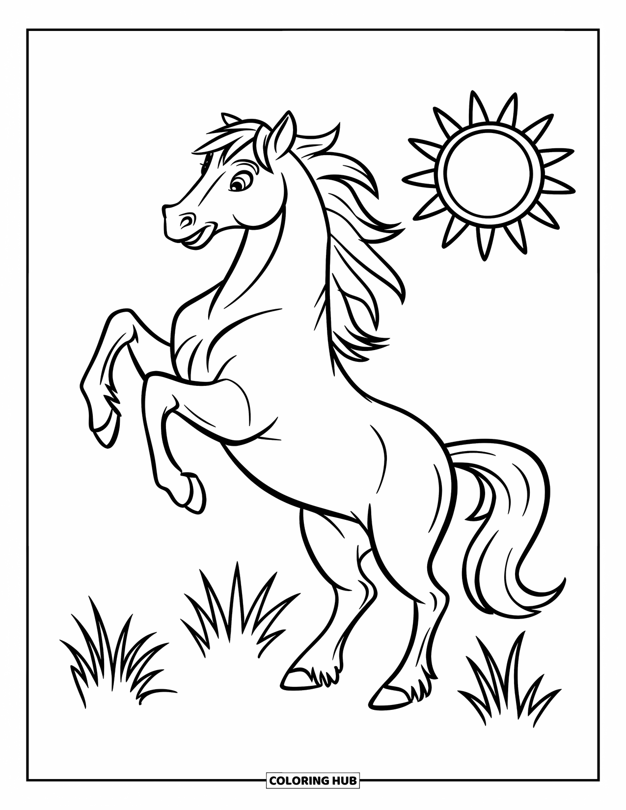 Wild Horse Coloring Page for Kids: A wild horse rears up near the sun and tufts of grass