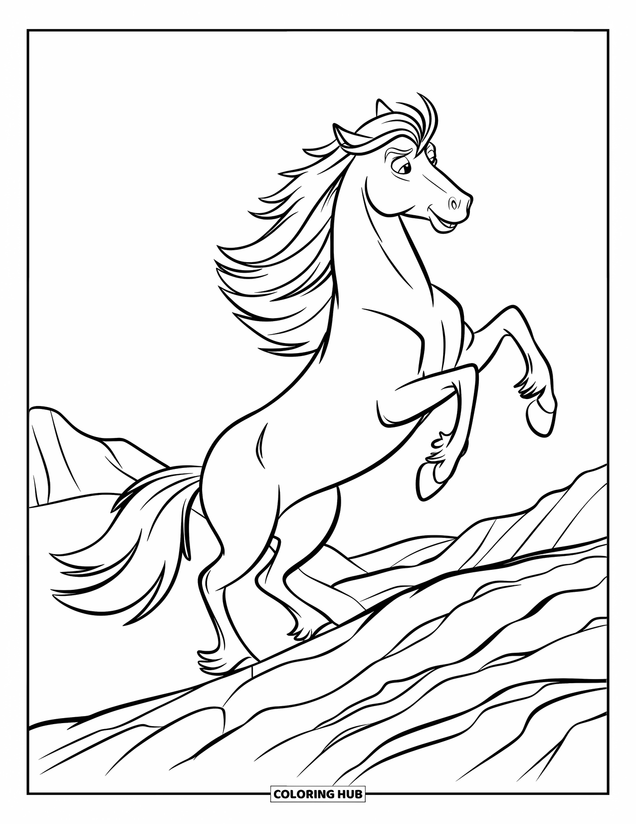 Wild Horse Coloring Page for Kids: A wild horse rears up on a rocky ridge with wind in its mane