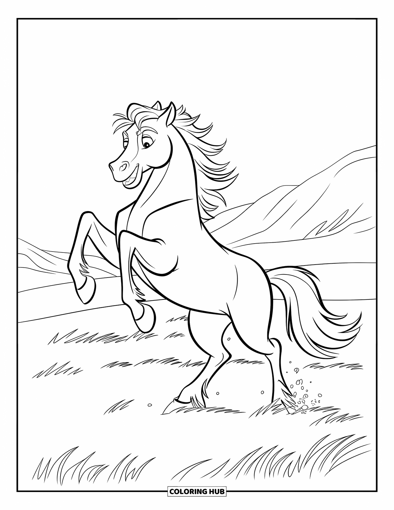 Wild Horse Coloring Page for Kids: A wild horse rears up powerfully in a field with mountains behind