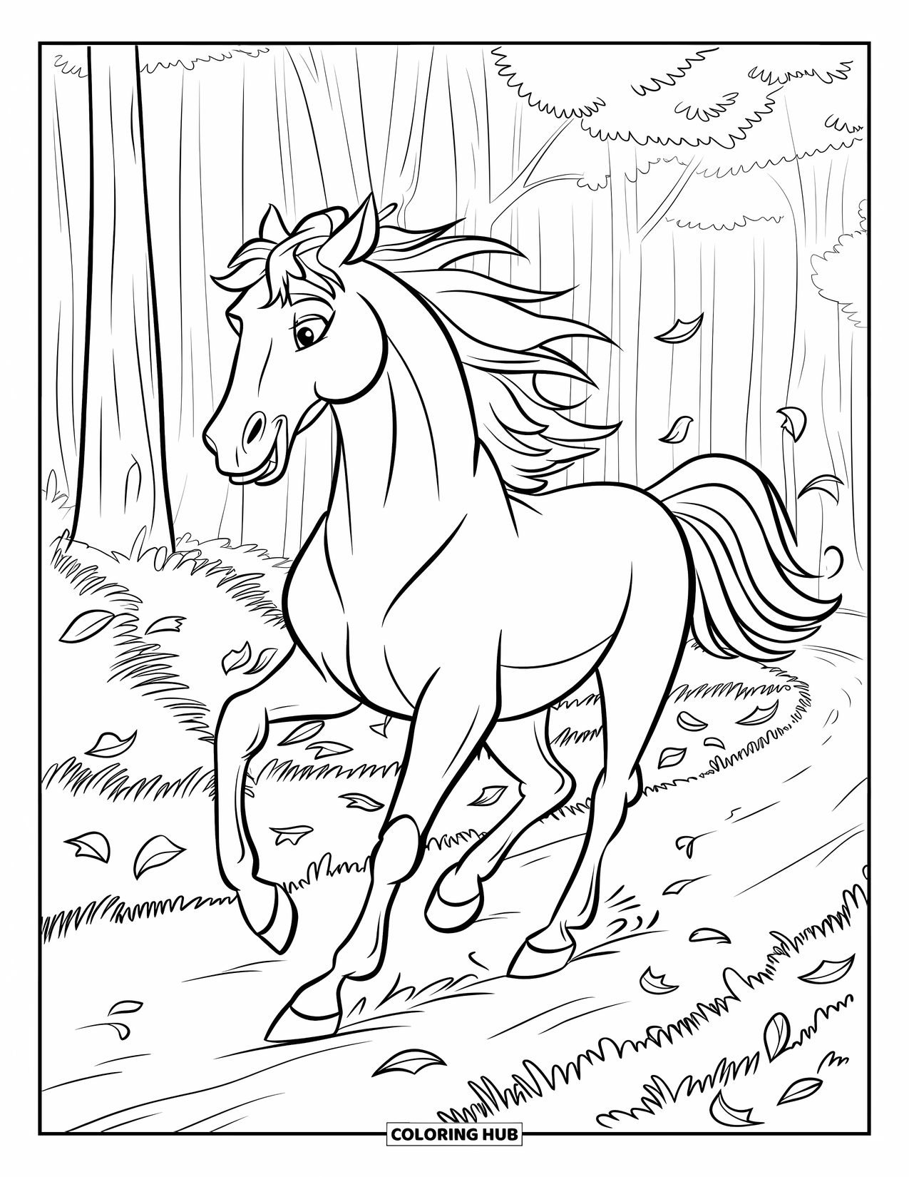 Wild Horse Coloring Page for Kids: A wild horse runs along a forest trail with leaves scattered all around