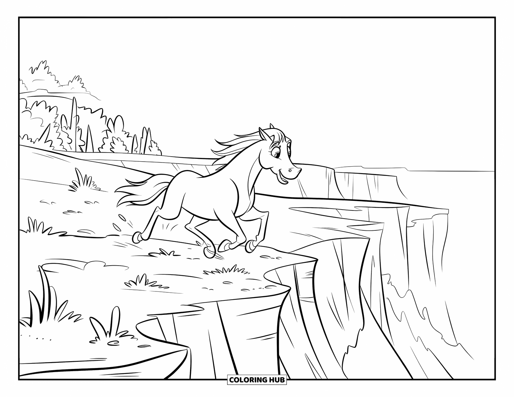 Wild Horse Coloring Page for Kids: A wild horse runs fast near a canyon with scattered trees and rocky paths