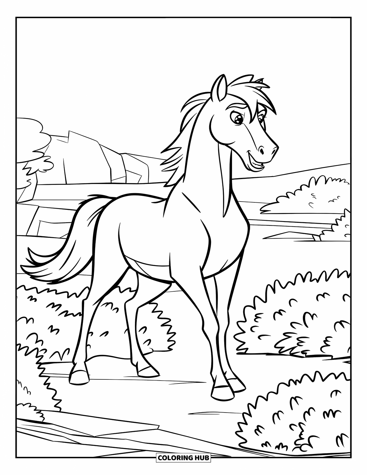 Wild Horse Coloring Page for Kids: A wild horse stands on rocky land and turns its head near a few trees