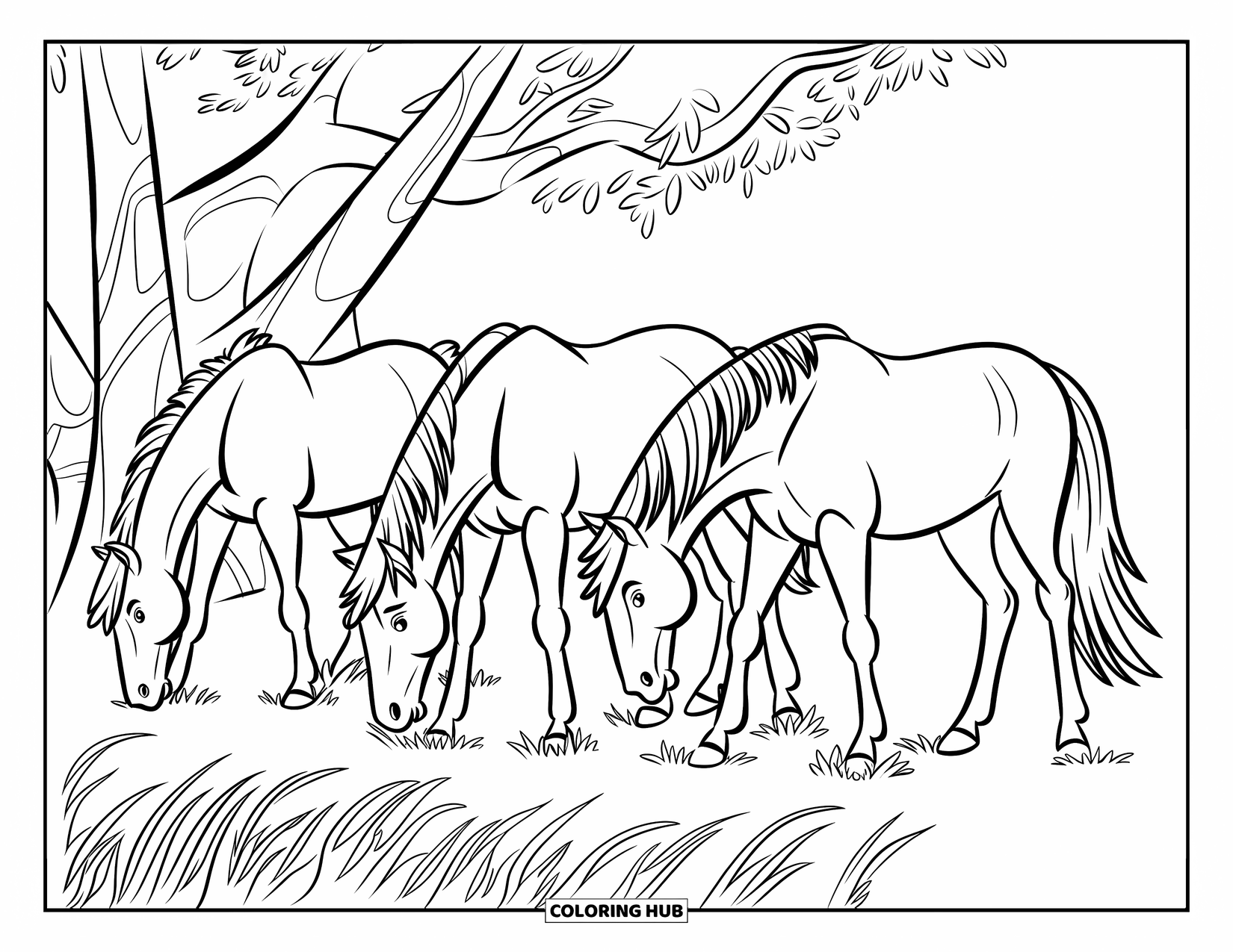 Wild Horse Coloring Page for Kids: Three horses graze by a tree in a grassy, open space