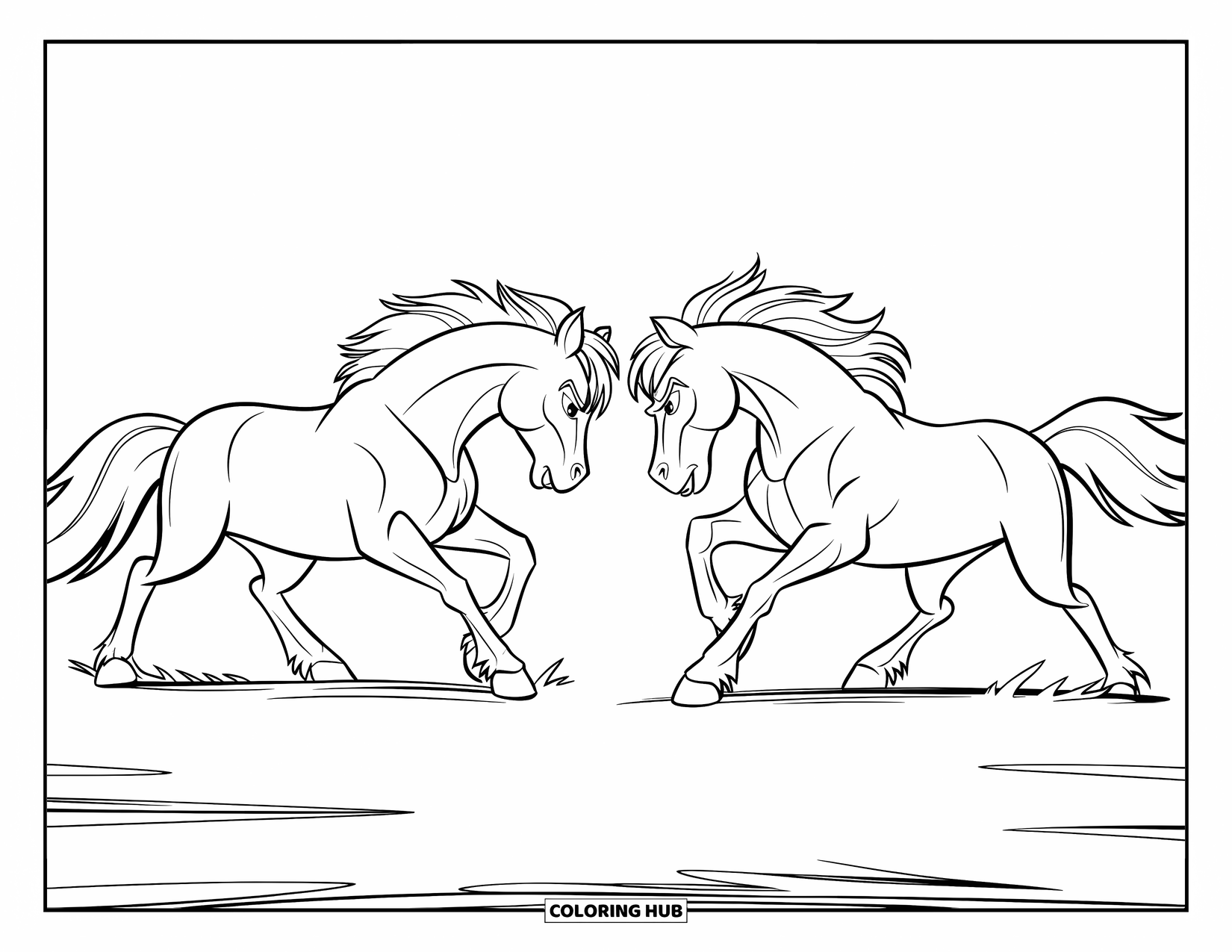 Wild Horse Coloring Page for Kids: Two strong horses face off in a wide open field with no distractions