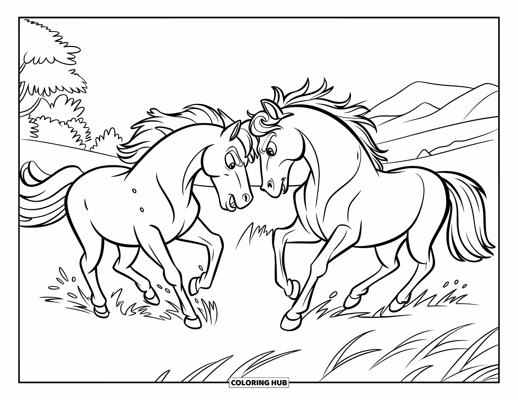 Wild Horse Coloring Page for Kids: Two wild horses face off in an open field with trees and mountains around them
