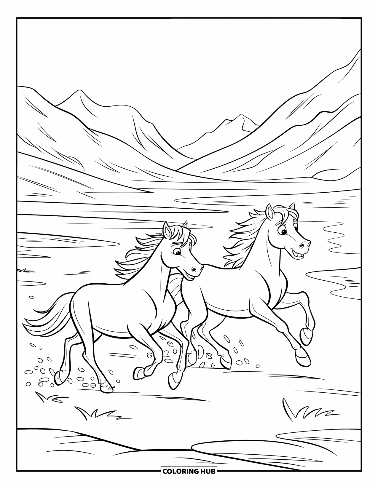 Wild Horse Coloring Page for Kids: Two wild horses gallop across uneven ground with mountains behind them