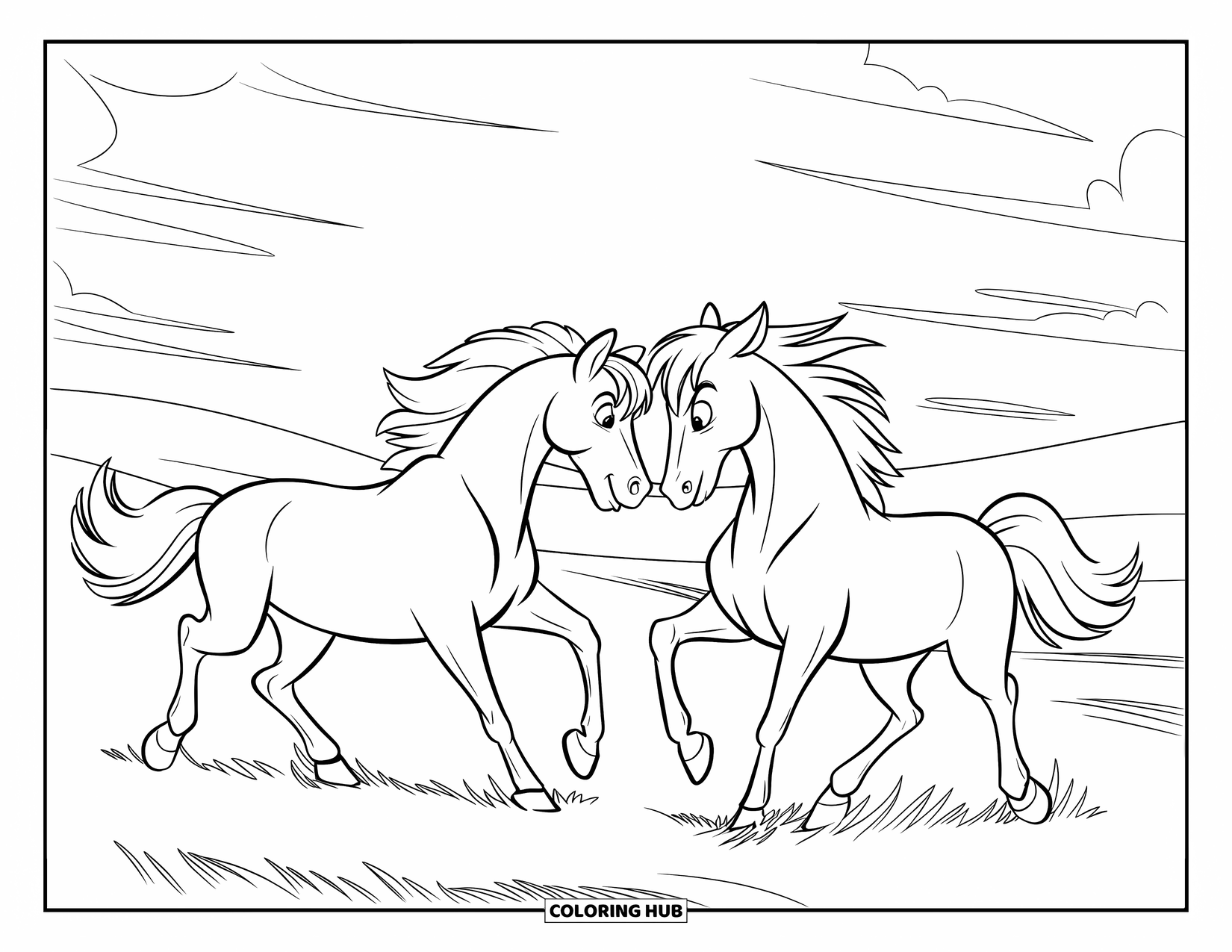 Wild Horse Coloring Page for Kids: Two wild horses stand in a grassy field with hills and clouds behind them