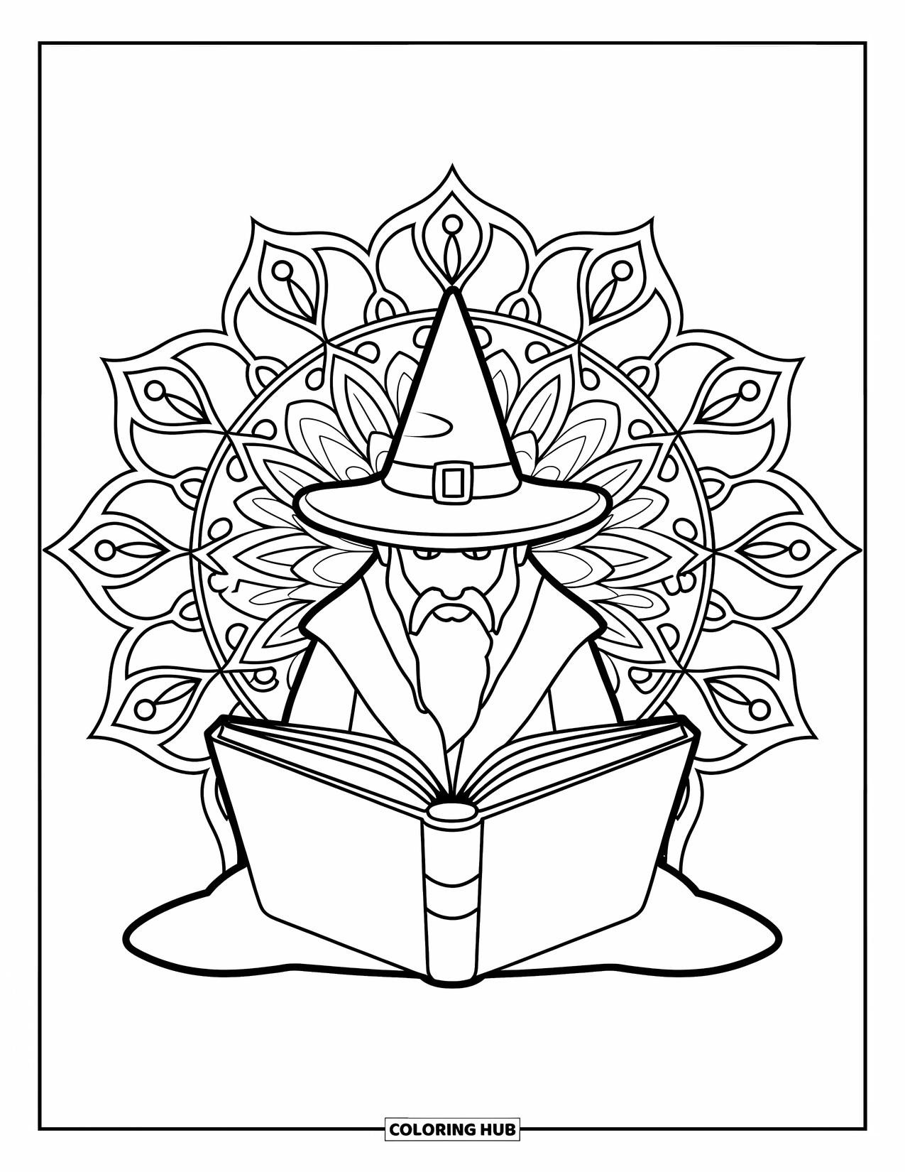 Wizard Coloring Page for Adults: A seated wizard reads a spellbook in the center of a floral mandala