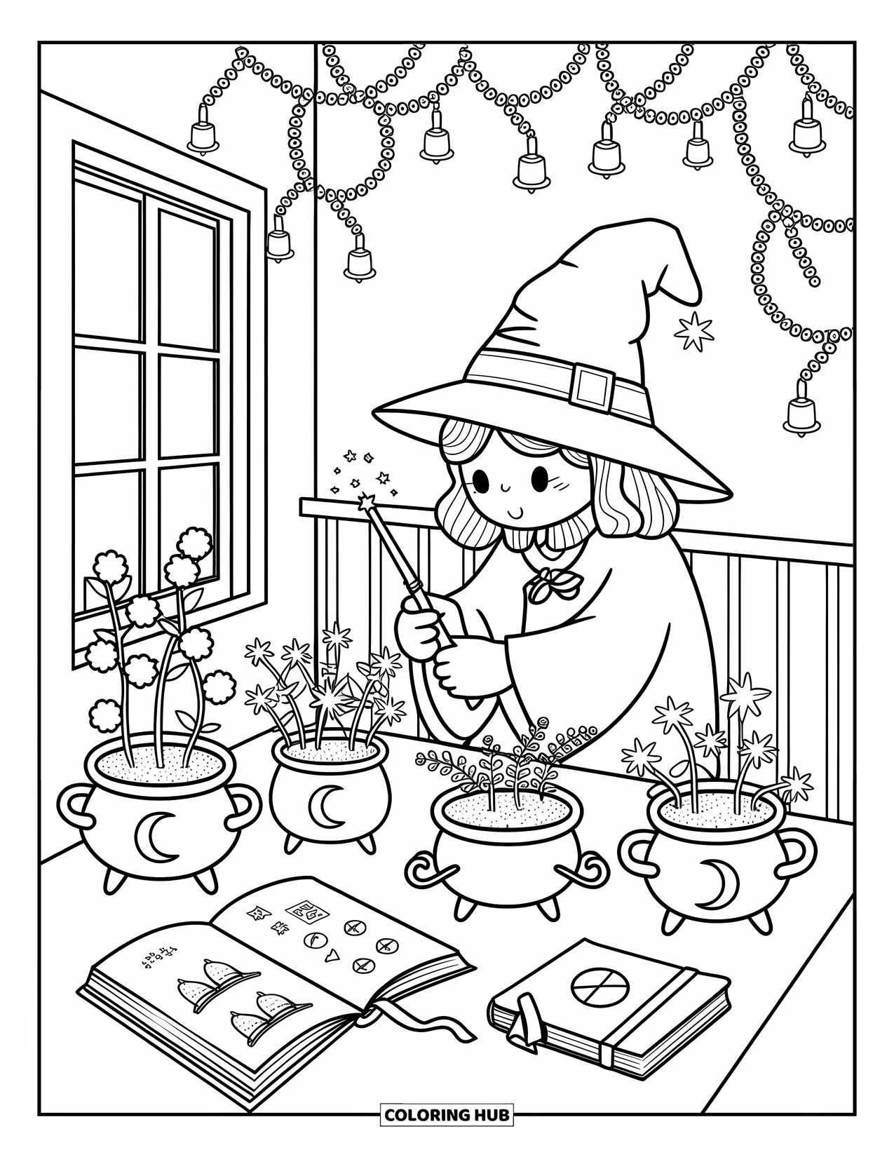 Wizard Coloring Page for Adults: A wizard cares for glowing plants on a cozy vine-covered balcony