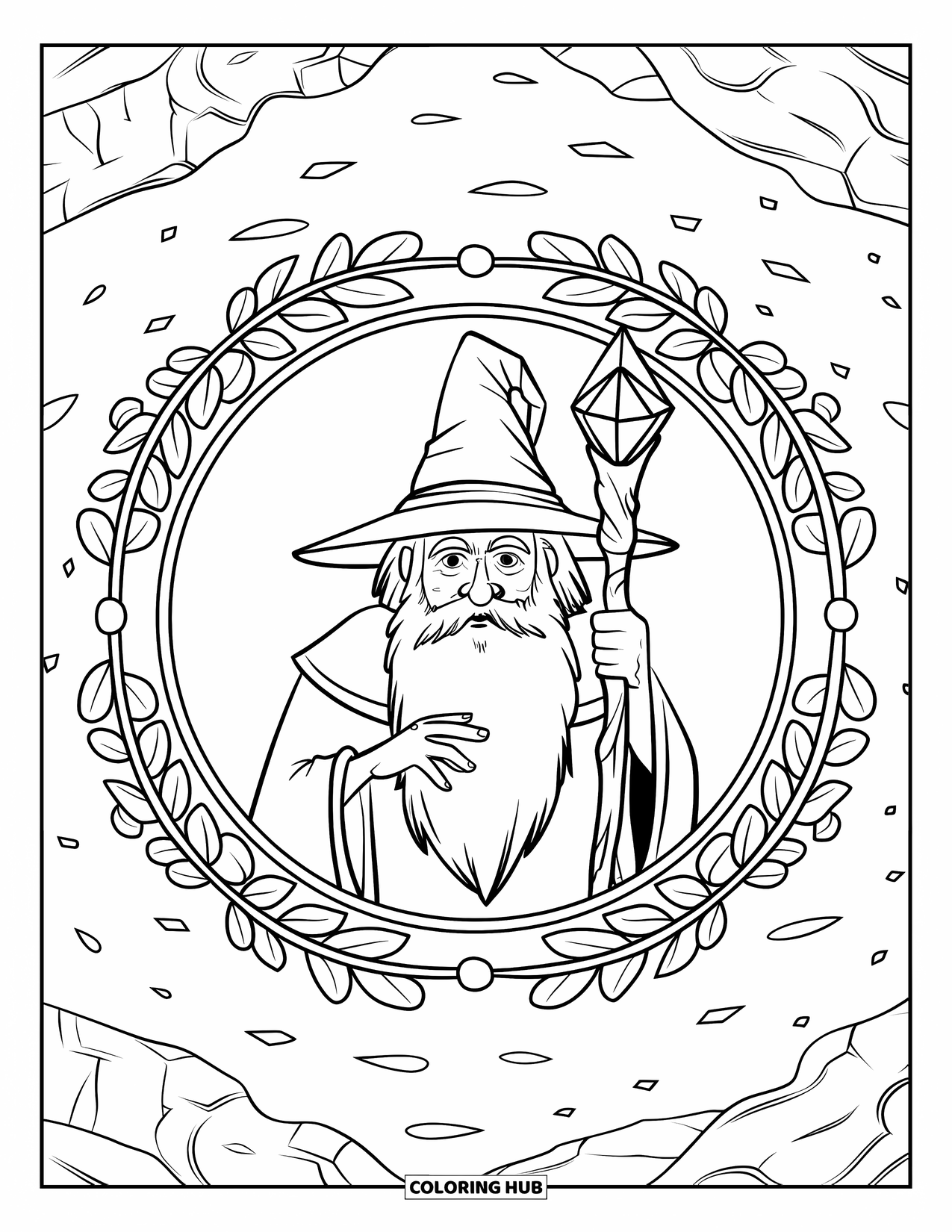 Wizard Coloring Page for Adults: A wizard holding a crystal-topped staff is framed by leaves and vines
