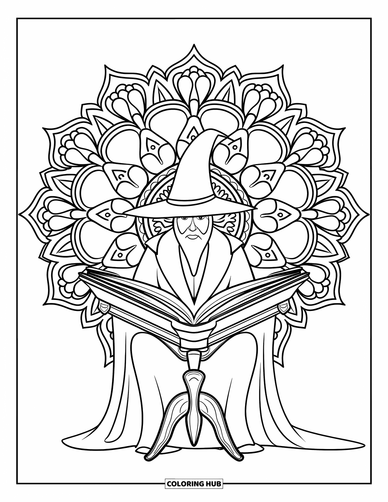 Wizard Coloring Page for Adults: A wizard sits with an open spellbook inside a floral mandala frame