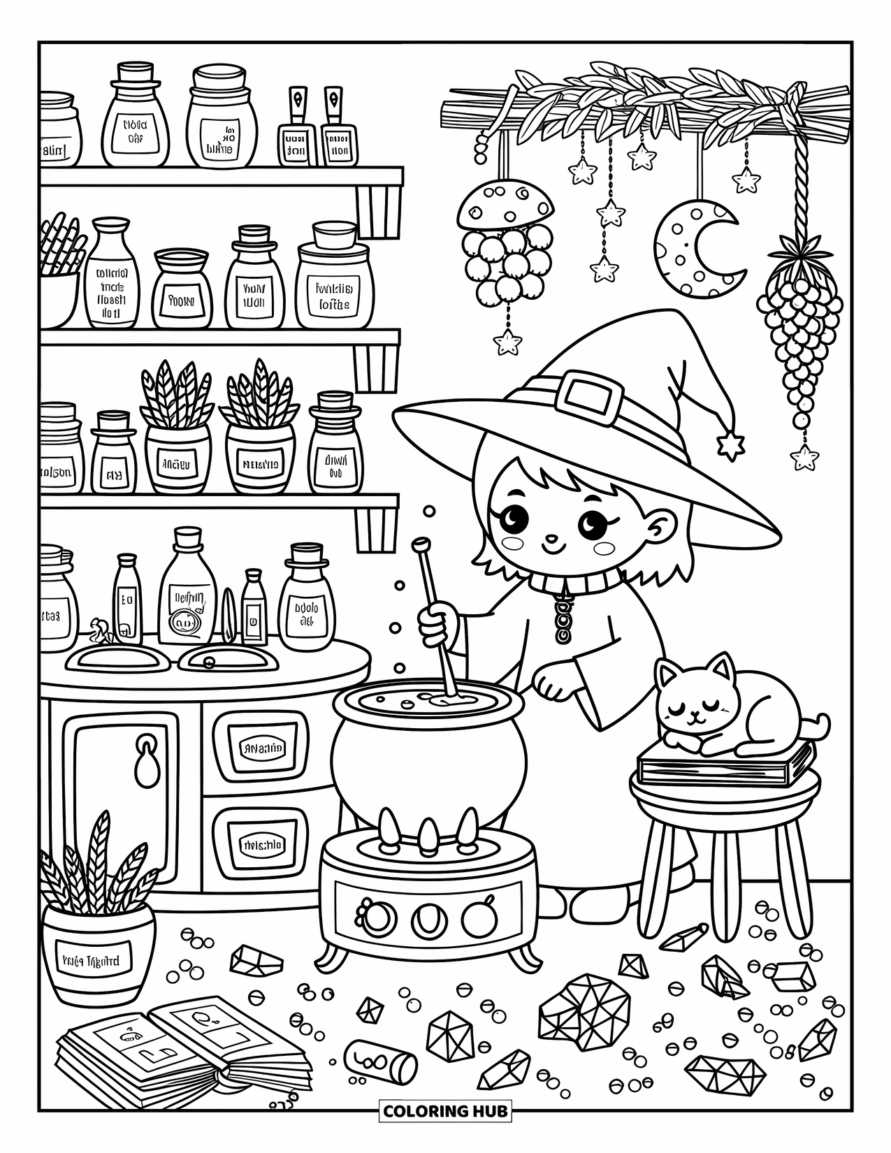 Wizard Coloring Page for Adults: A wizard stirs a cauldron as a cat naps nearby and herbs hang from the ceiling