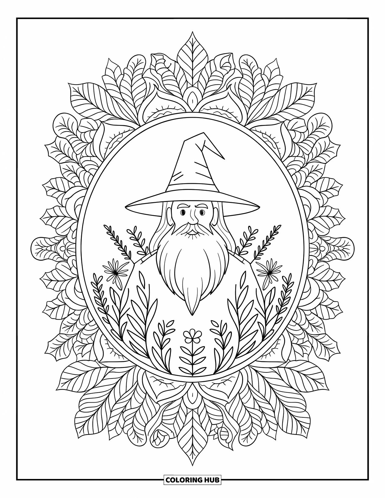 Wizard Coloring Page for Adults: A wizard's portrait is framed by a detailed mandala of plants and flowers