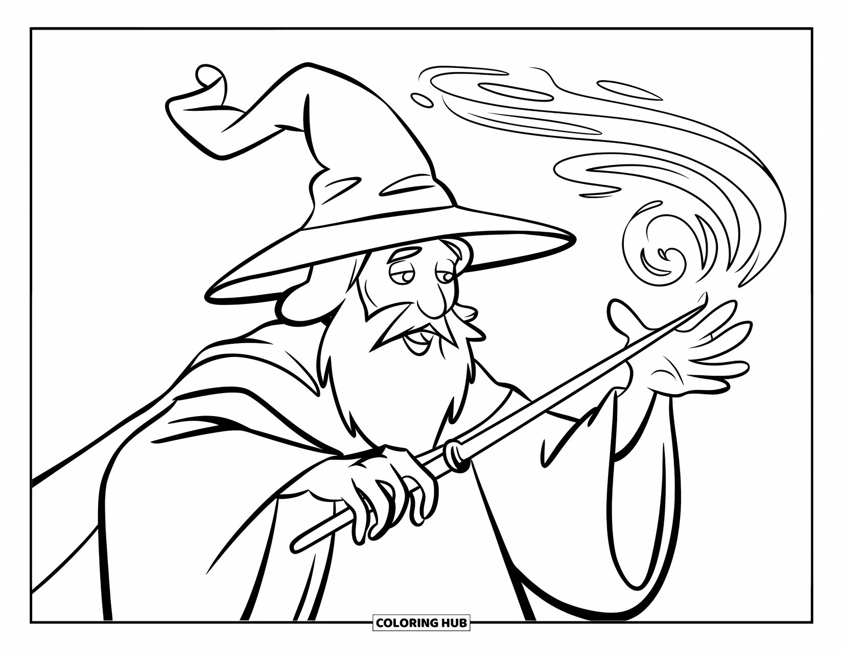 Wizard Coloring Page for Kids: A cheerful wizard waves his wand with swirls of magic around him