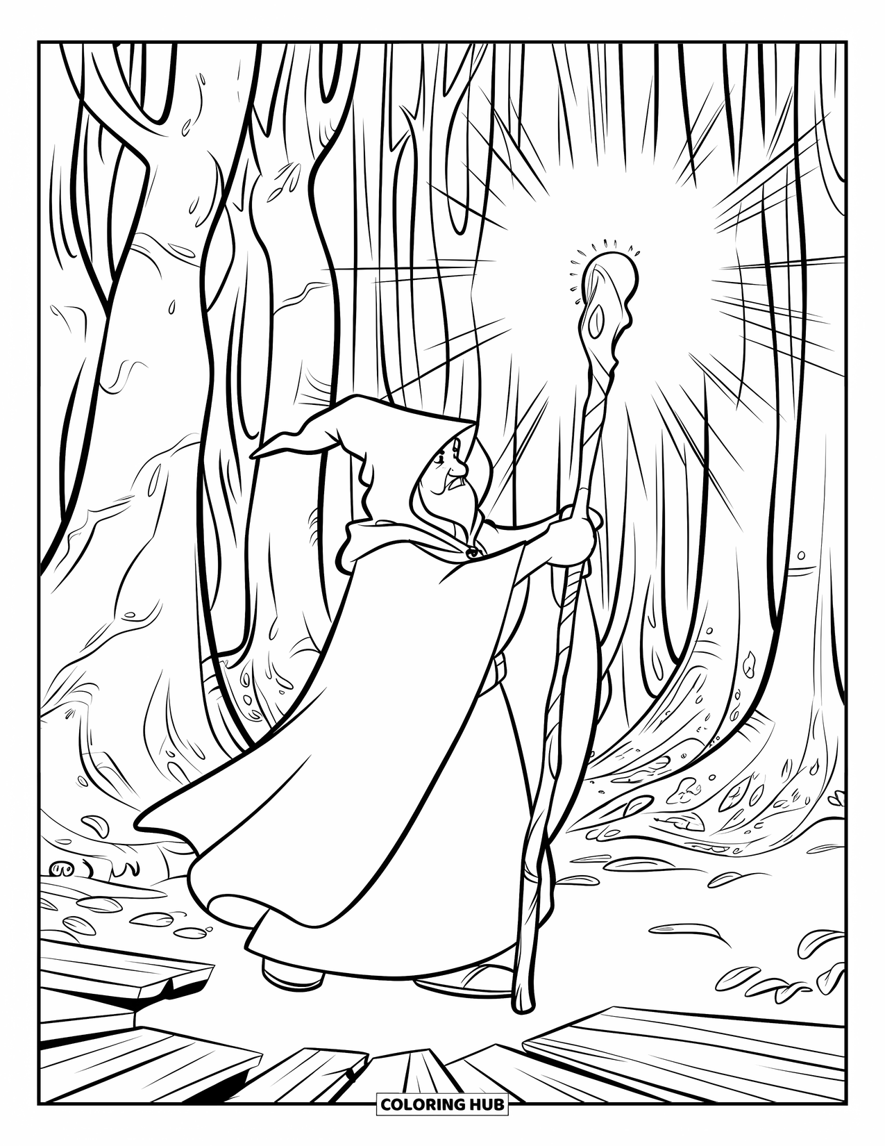 Wizard Coloring Page for Kids: A cloaked wizard stands on a platform casting light in a forest