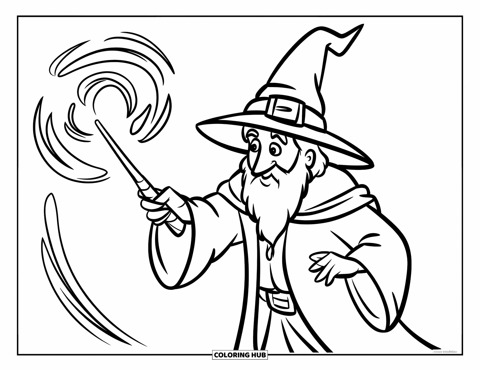 Wizard Coloring Page for Kids: A simple wizard casts a spell with swirling magic from his wand