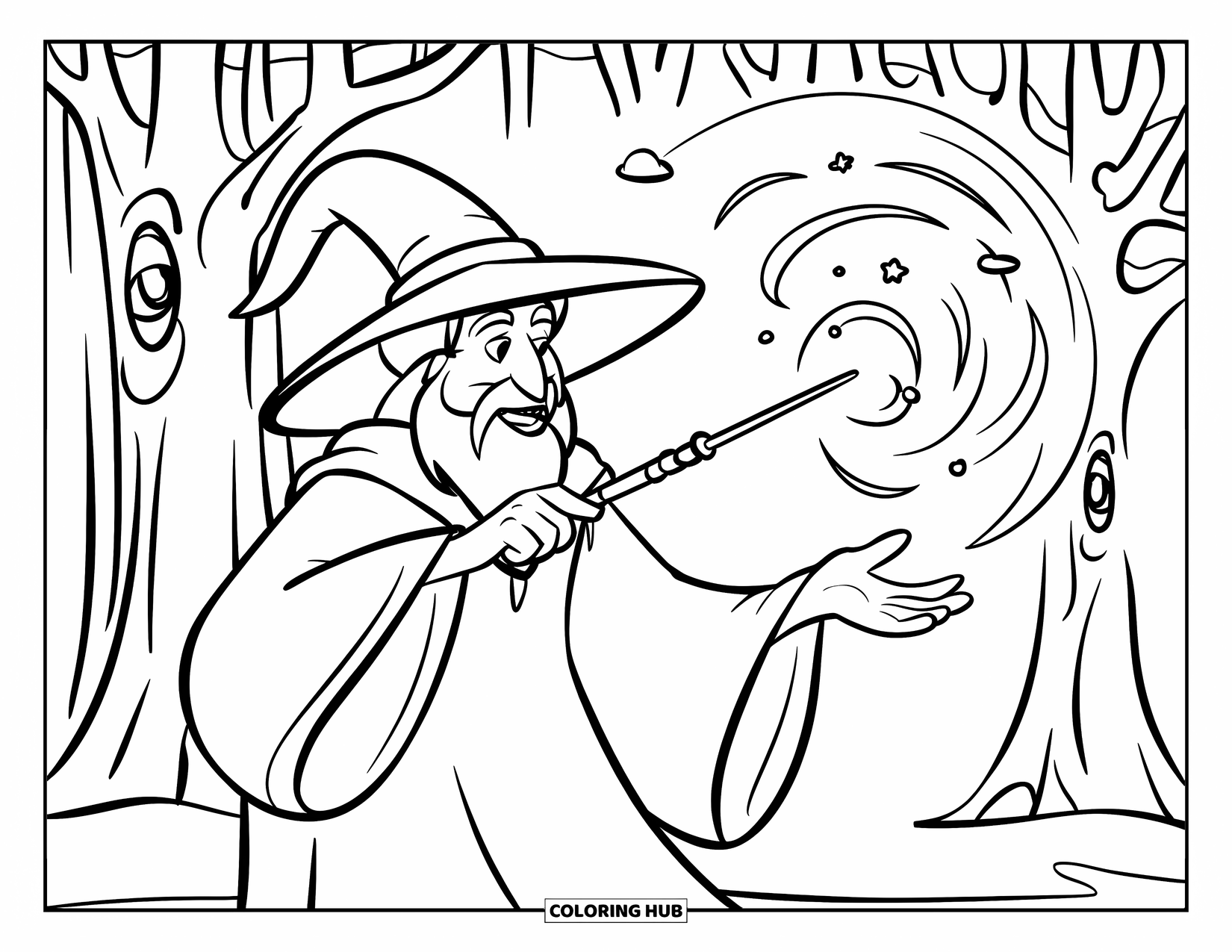 Wizard Coloring Page for Kids: A smiling wizard casts swirls of magic in a forest with trees that have faces