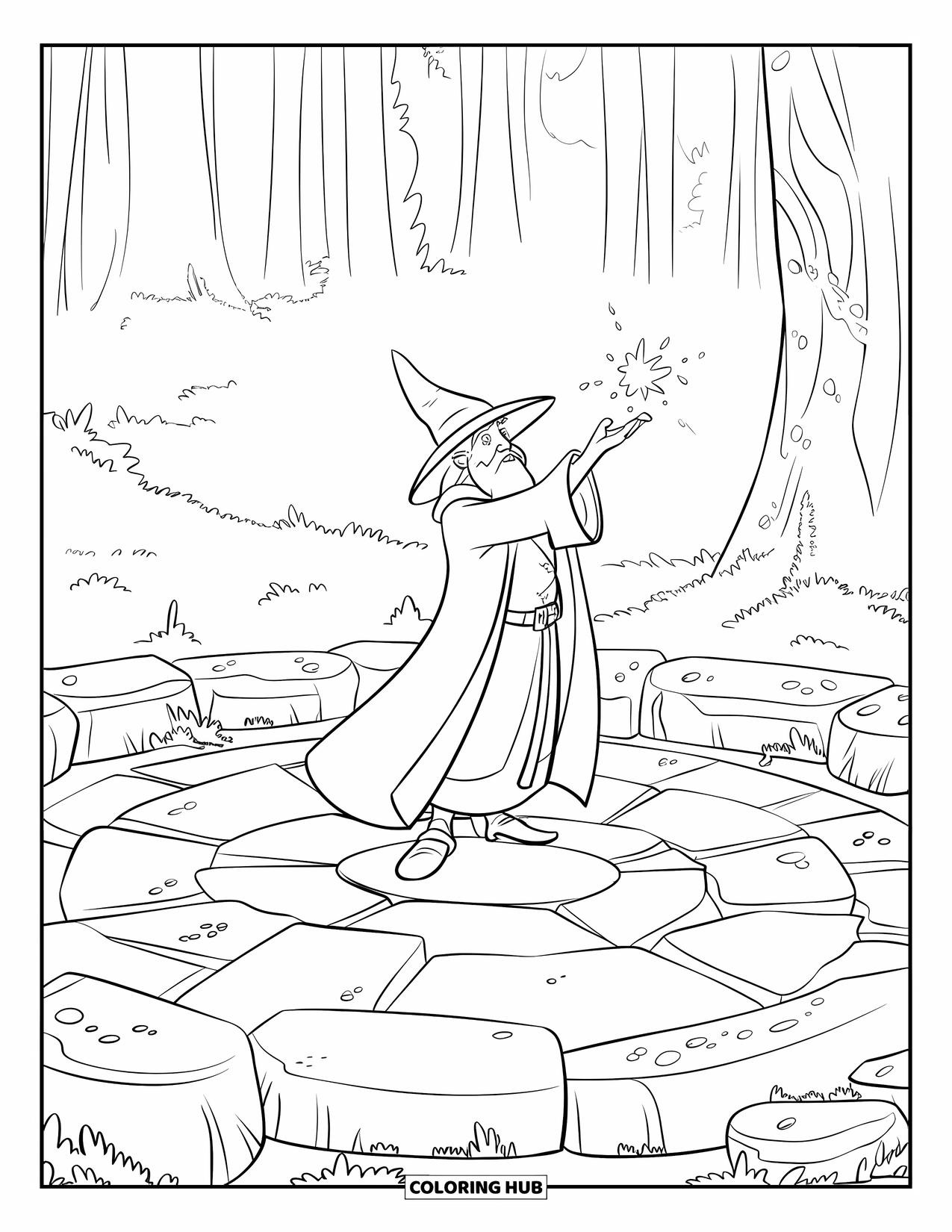 Wizard Coloring Page for Kids: A wizard casts a glowing spell in a stone circle surrounded by tall trees