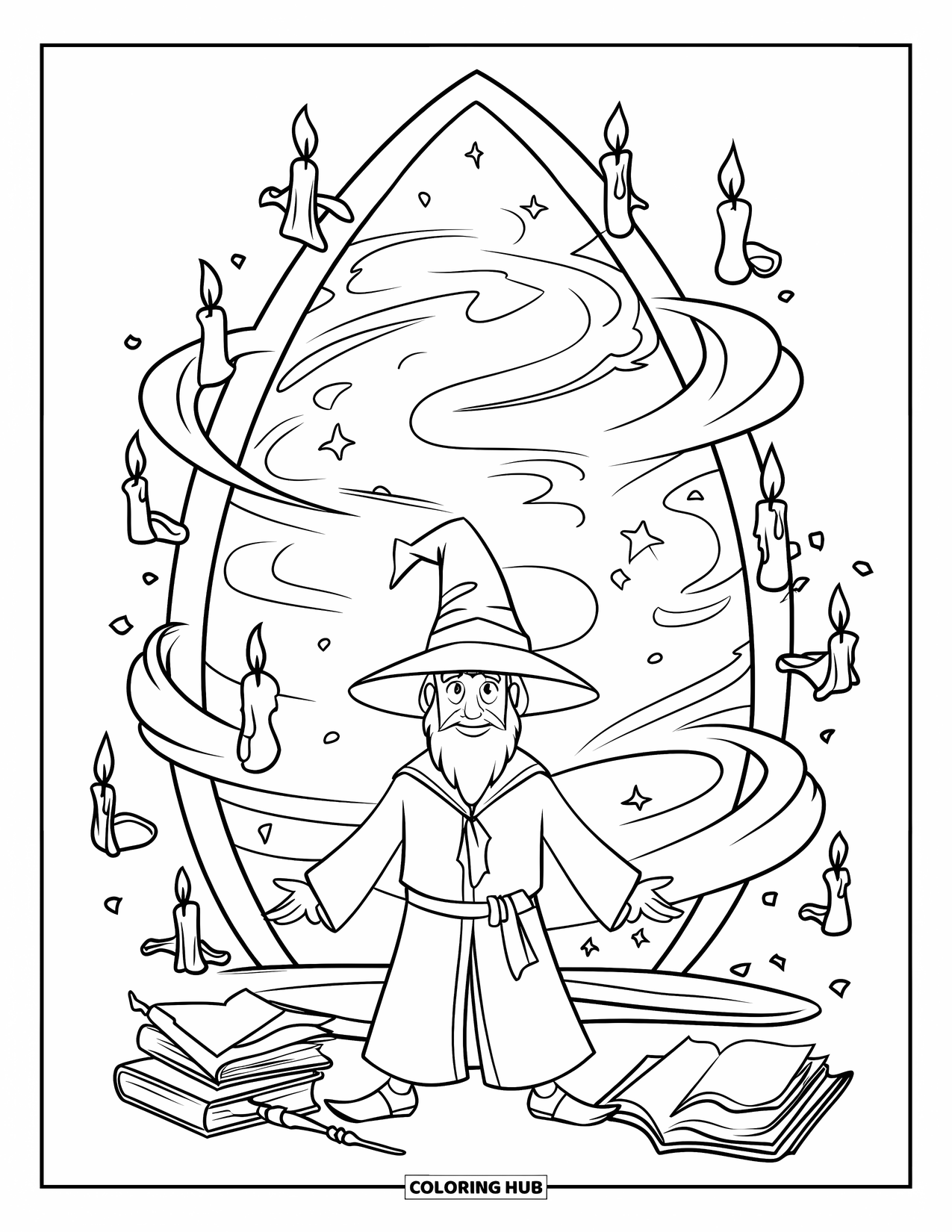 Wizard Coloring Page for Kids: A wizard faces a swirling portal with floating candles, books, and a wand nearby