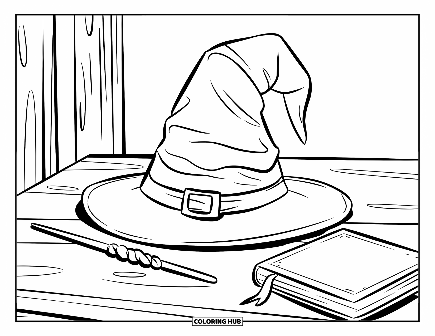 Wizard Coloring Page for Kids: A wizard hat and spellbook sit neatly on a table next to a wand