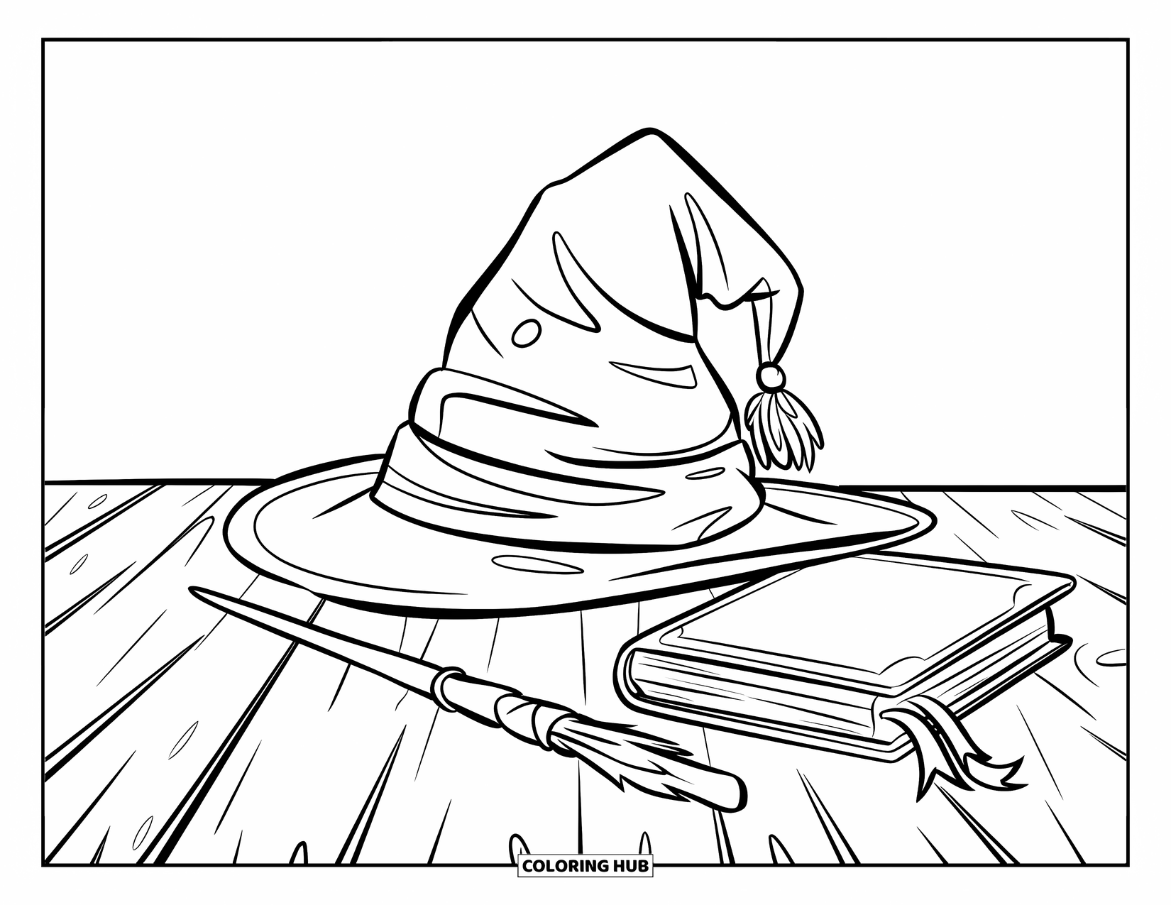 Wizard Coloring Page for Kids: A wizard hat sits beside a wand and spellbook on a wooden table