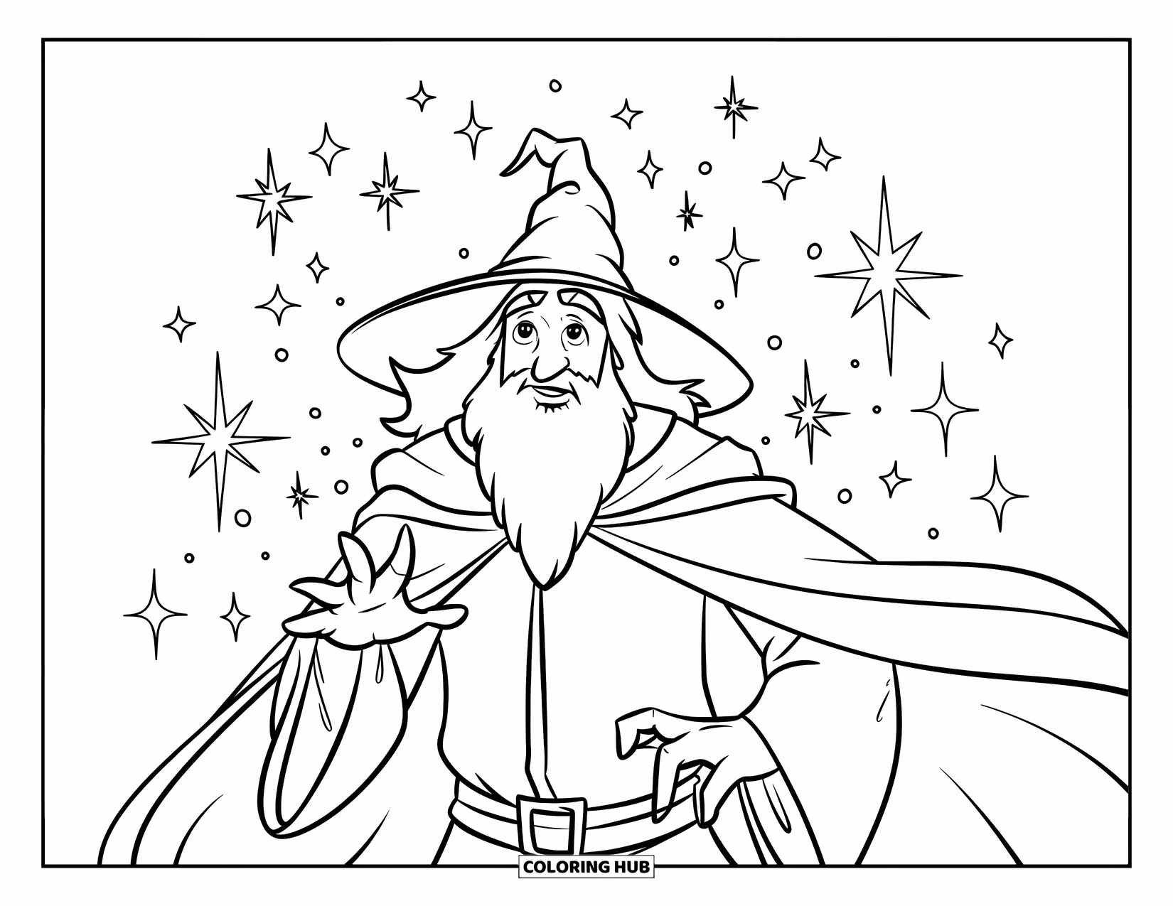Wizard Coloring Page for Kids: A wizard is surrounded by sparkles with a clean background