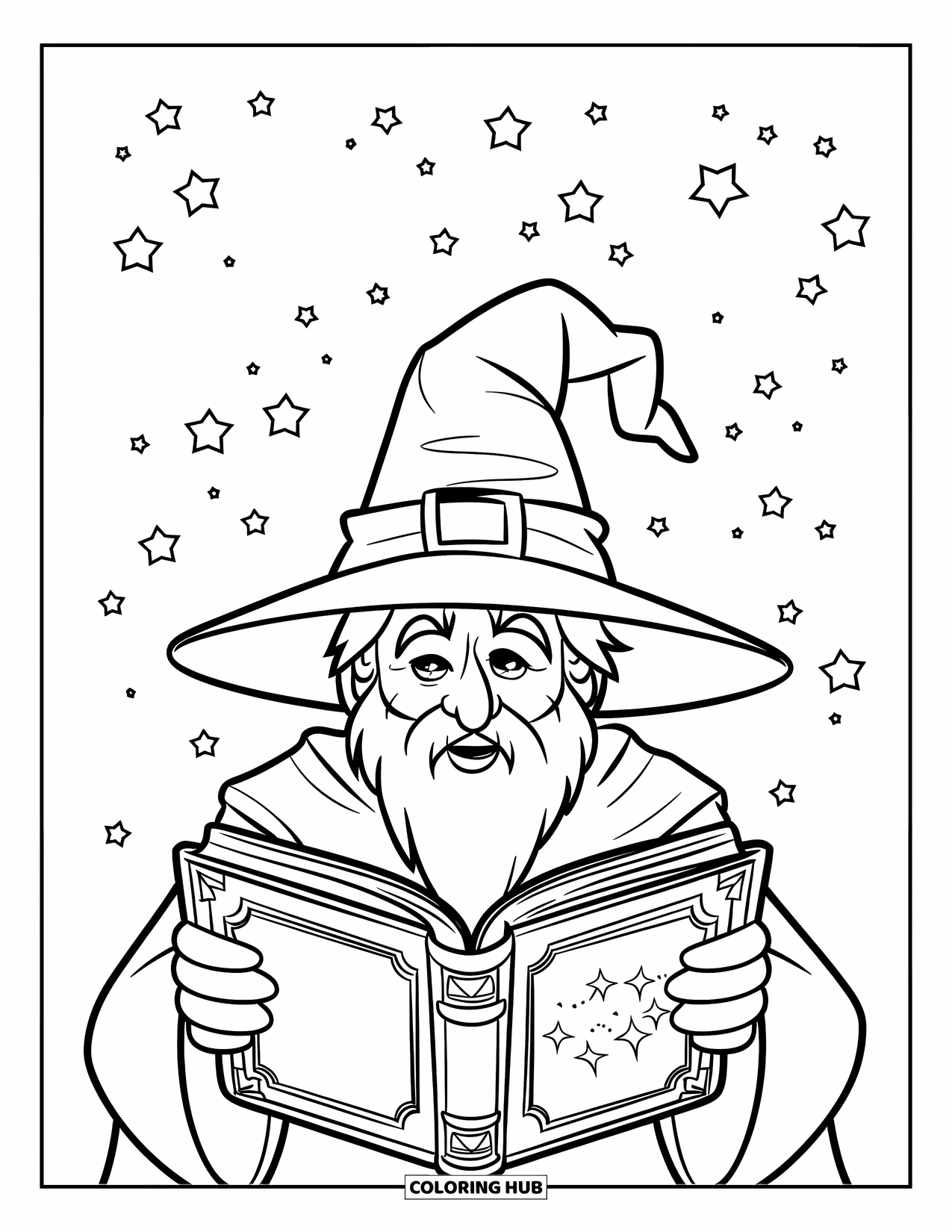Wizard Coloring Page for Kids: A wizard reads from a spellbook under a floating trail of stars
