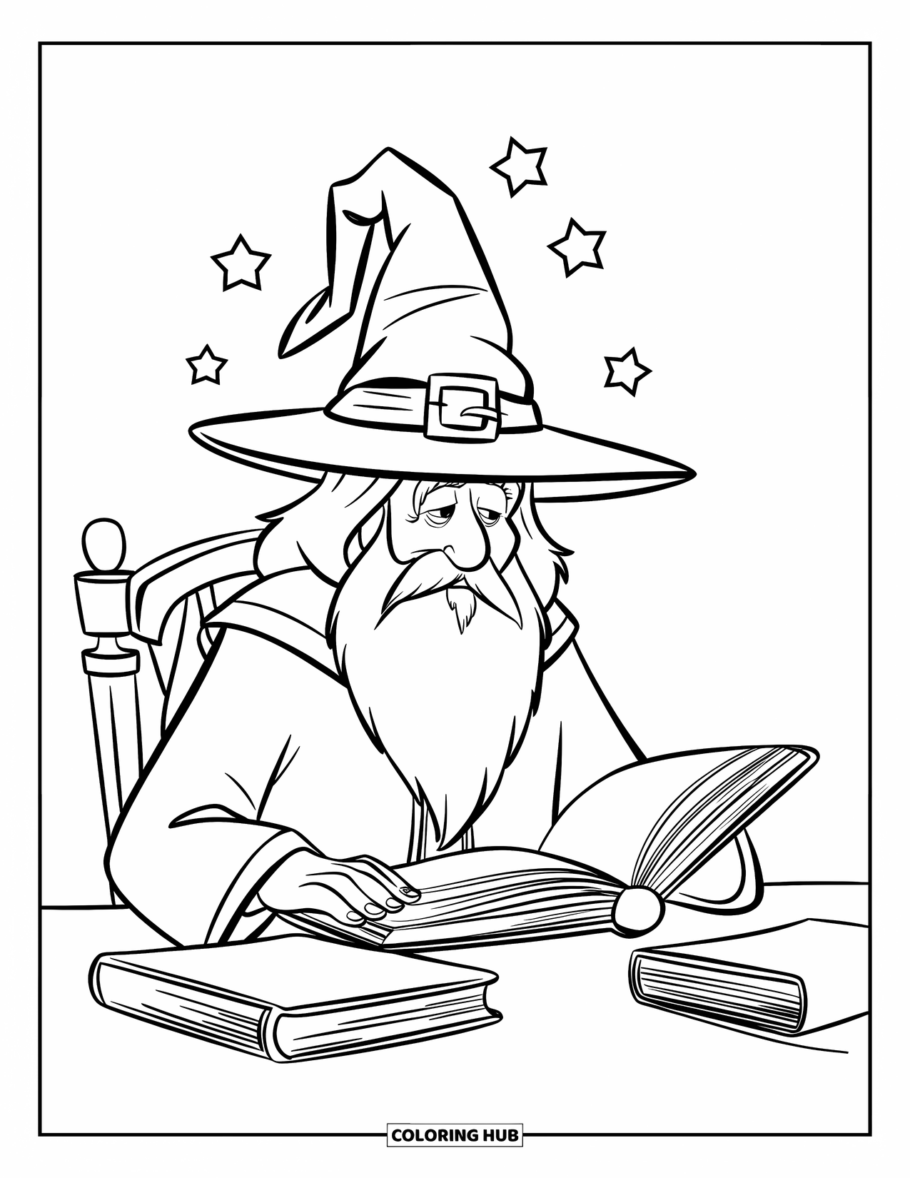 Wizard Coloring Page for Kids: A wizard reads his spellbook in a cozy room with stars floating overhead