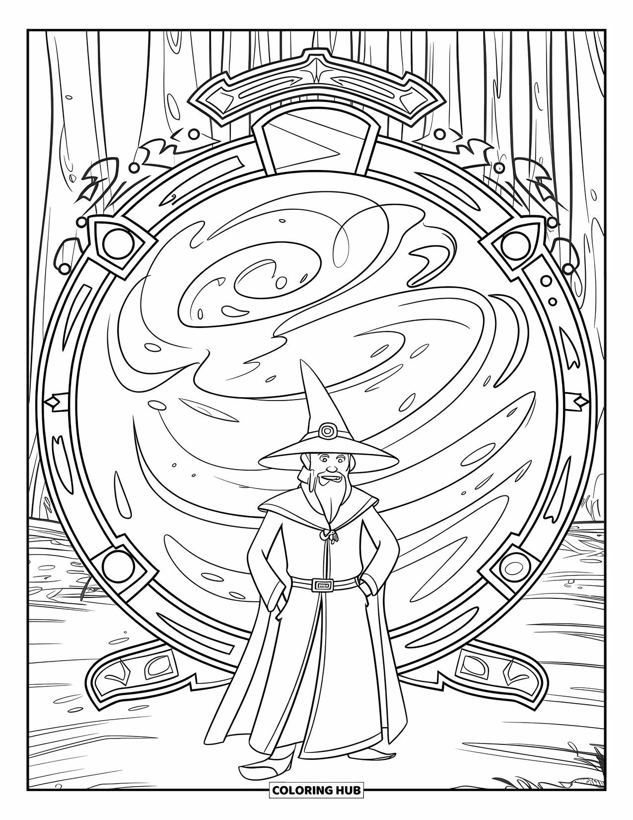 Wizard Coloring Page for Kids: A wizard stands before a magical portal glowing in a tall forest