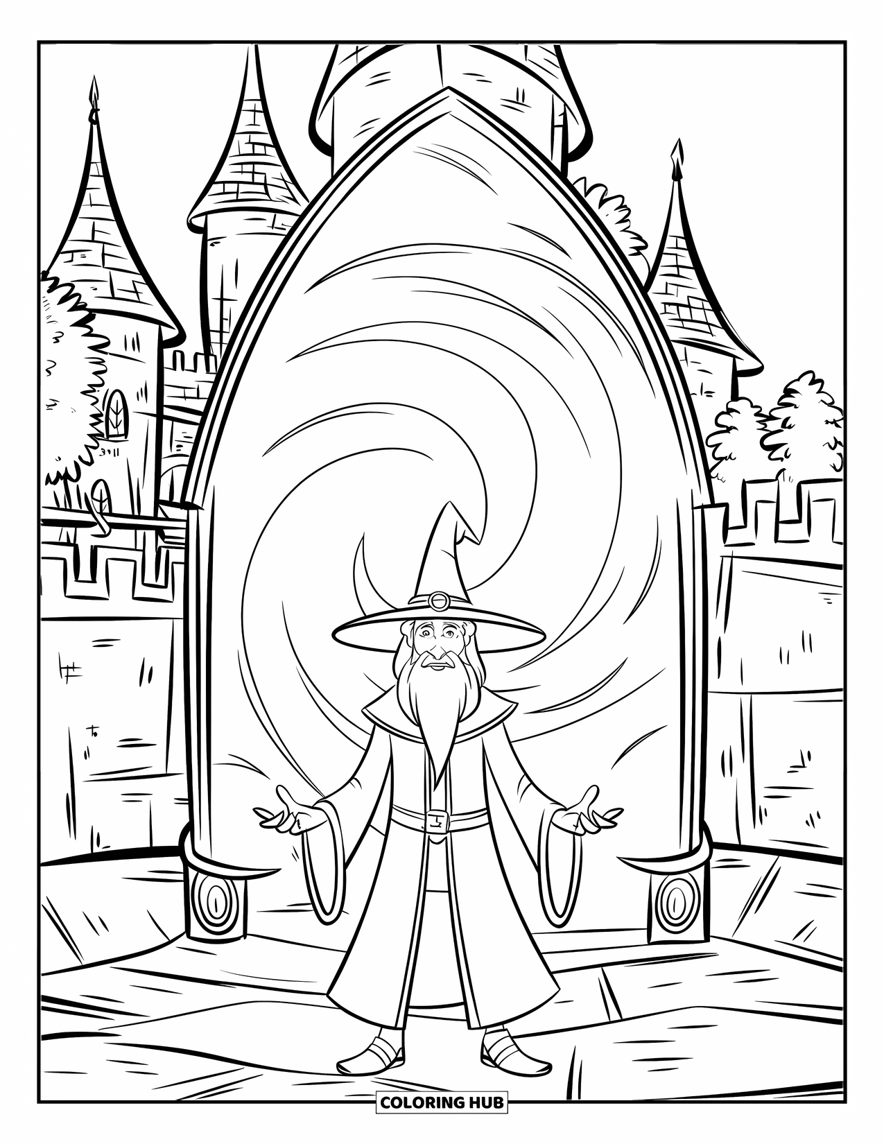 Wizard Coloring Page for Kids: A wizard stands by a glowing portal with a castle behind him
