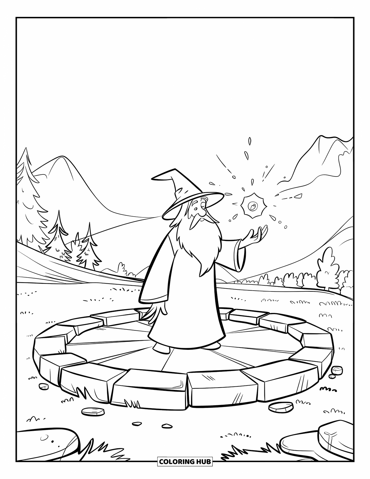 Wizard Coloring Page for Kids: A wizard stands in a stone circle casting magic beneath a clear sky