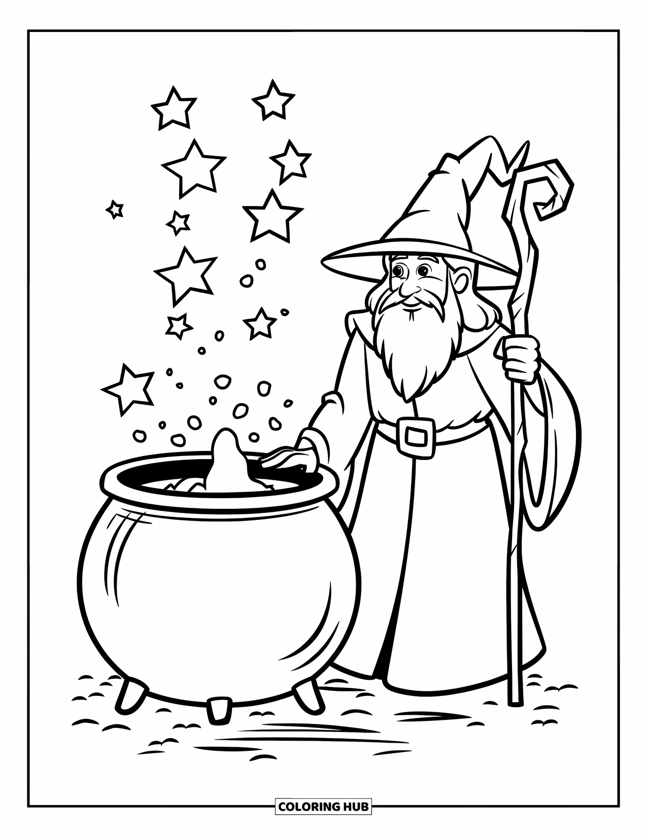 Wizard Coloring Page for Kids: A wizard stands next to a bubbling cauldron with stars floating above it