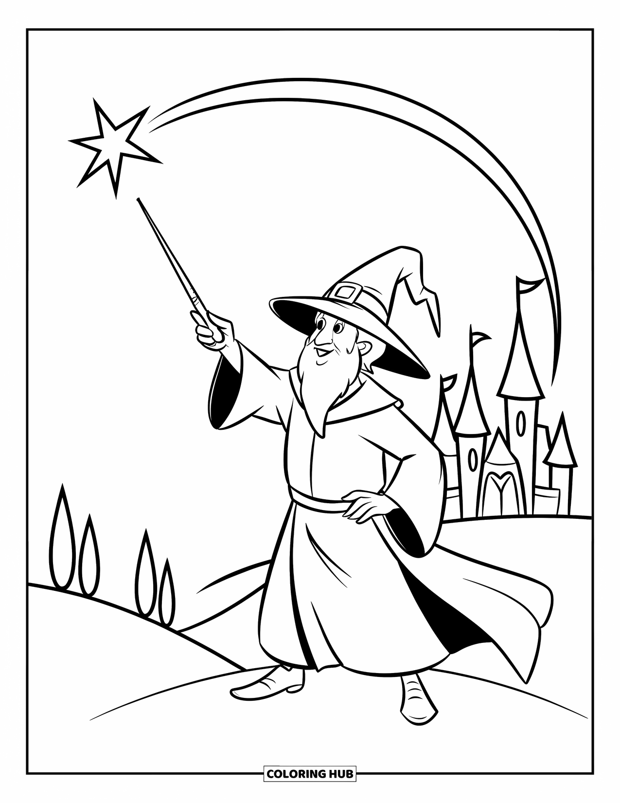 Wizard Coloring Page for Kids: A wizard stands on a hill aiming at a shooting star beside trees and castle