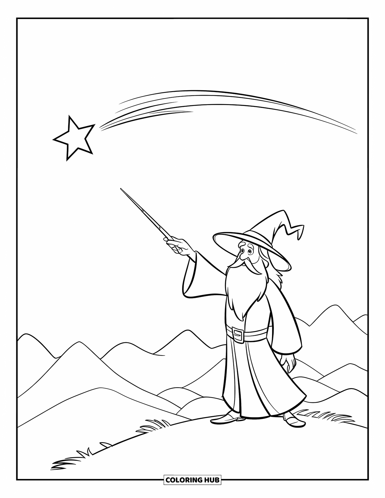 Wizard Coloring Page for Kids: A wizard stands on a mountain, pointing at a star in the night sky