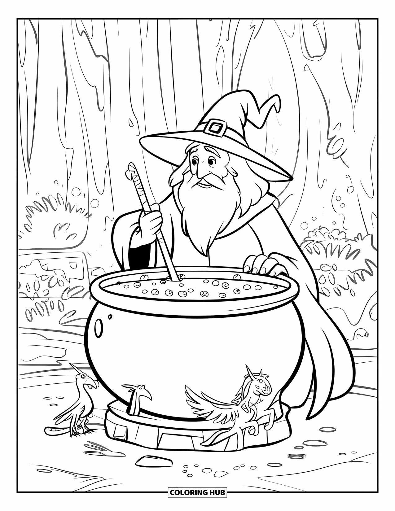 Wizard Coloring Page for Kids: A wizard stirs a magical potion in a cauldron surrounded by mythical creatures
