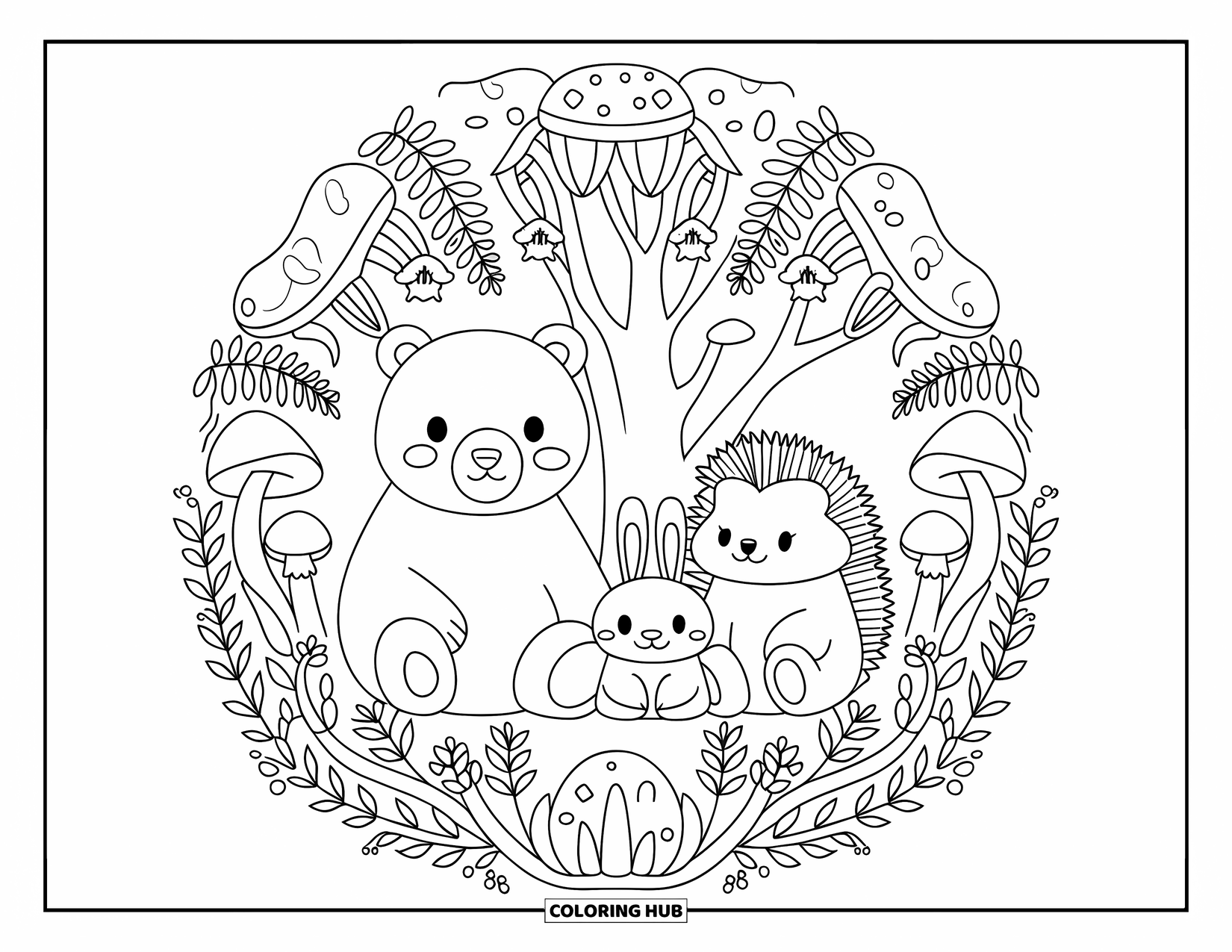 Woodland Animal Coloring Page for Adults: A bear, rabbit, and hedgehog gather under a tree within a leafy mandala