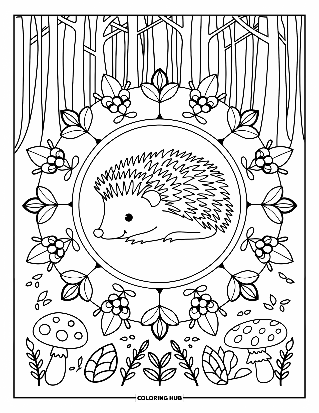 Woodland Animal Coloring Page for Adults: A cozy hedgehog sleeps within a circle of woodland berries, leaves, and mushrooms