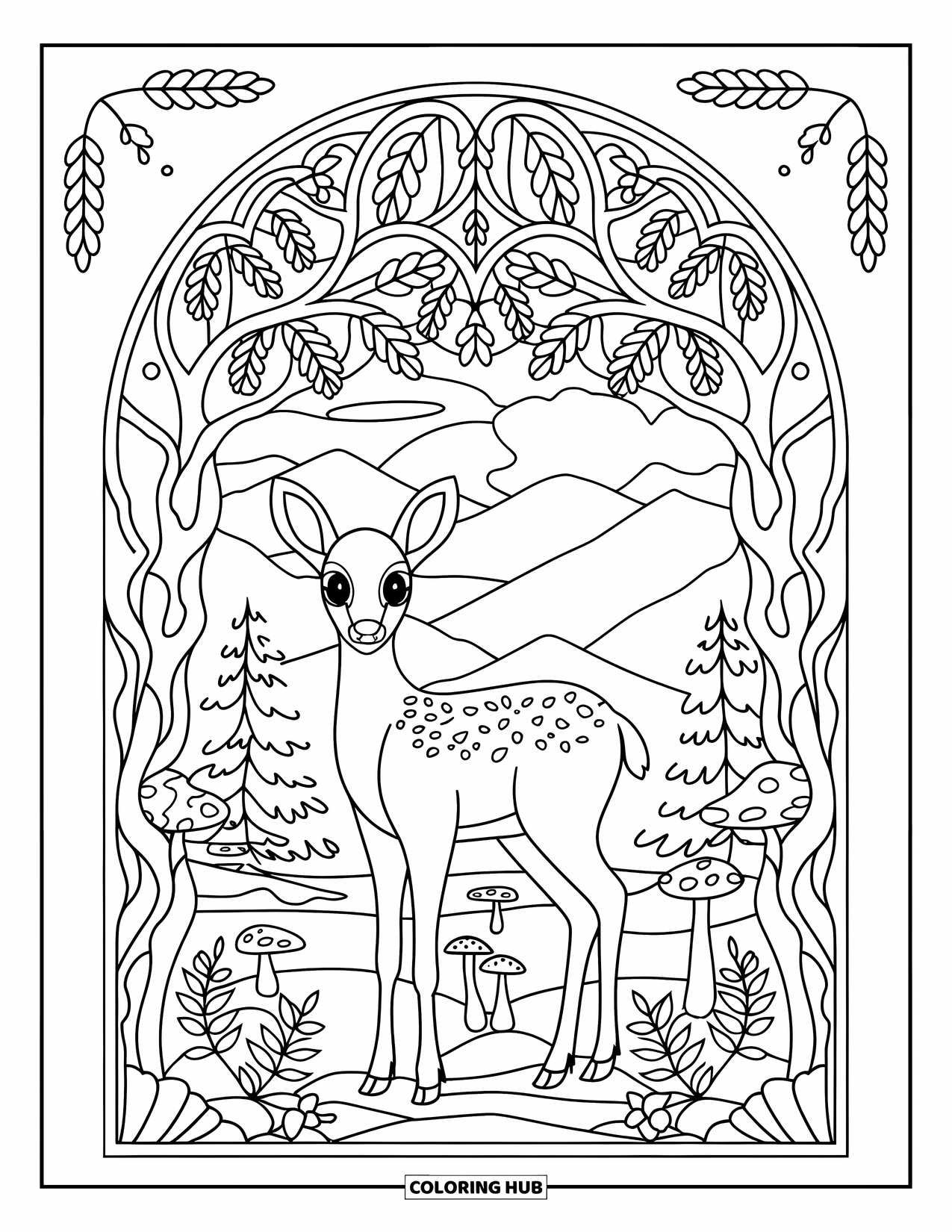 Woodland Animal Coloring Page for Adults: A deer stands tall in a stained glass mandala filled with trees and mushrooms