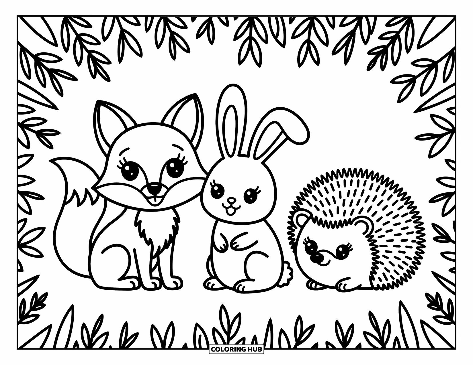 Woodland Animal Coloring Page for Adults: A fox, rabbit, and hedgehog share a peaceful moment in a secret leafy hideout